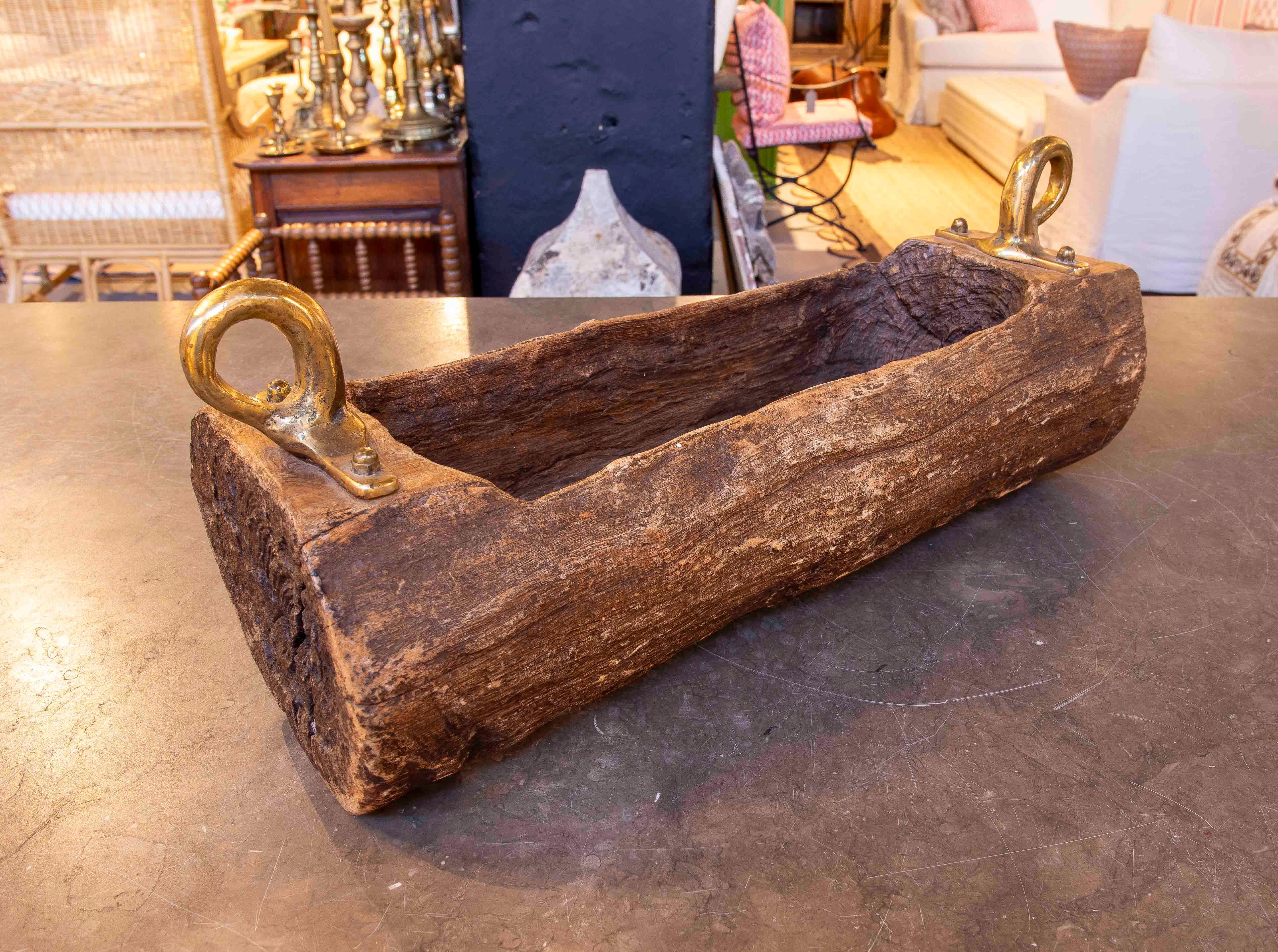 1980s Wooden Fruit Bowl with Gilded Bronze Handles by artist David Marshall 1