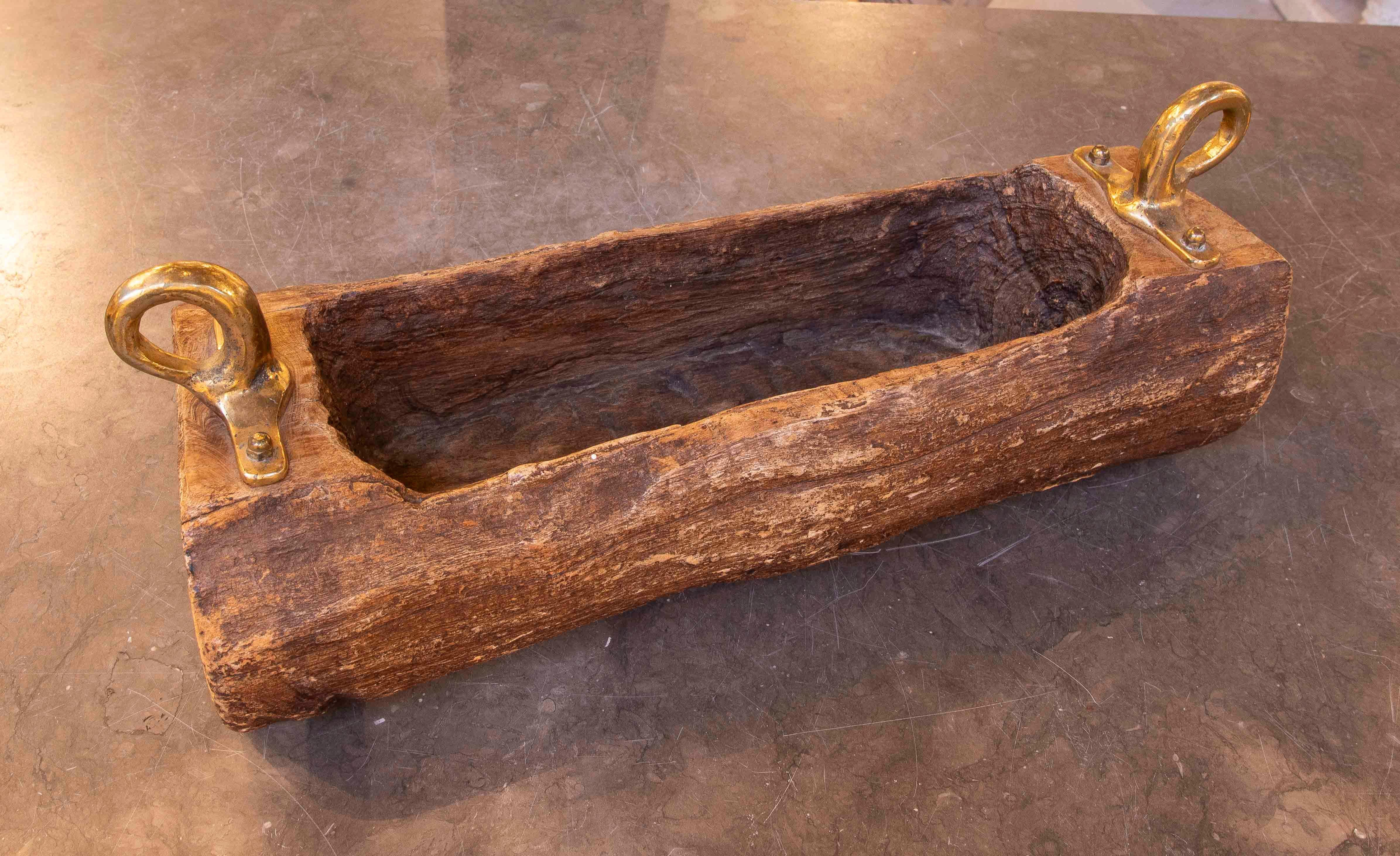 1980s Wooden Fruit Bowl with Gilded Bronze Handles by artist David Marshall 3