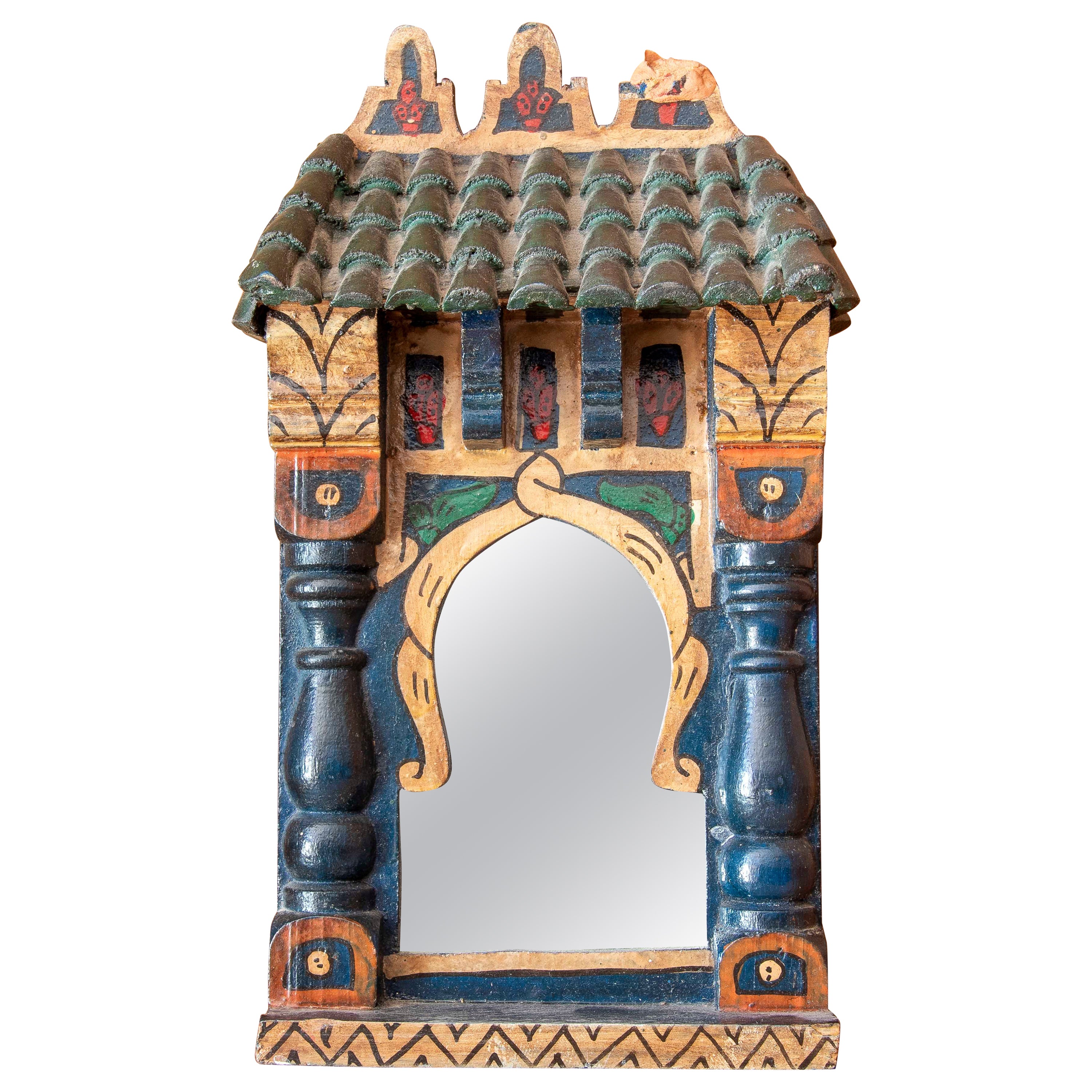 Specchio da parete in legno anni '80 che imita l'architettura moresca dipinta a mano