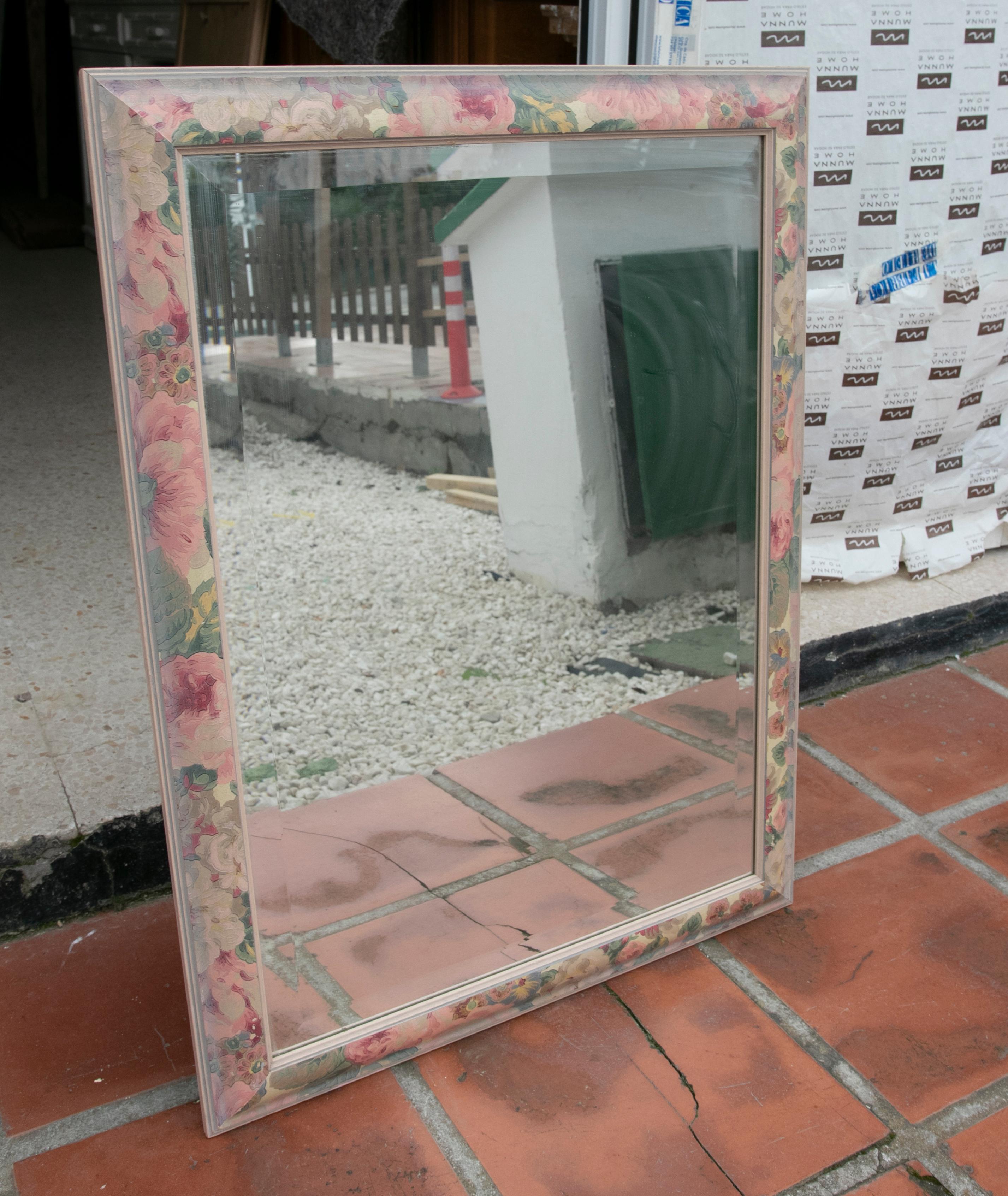 1980s Wooden wall mirror painted with flowers.