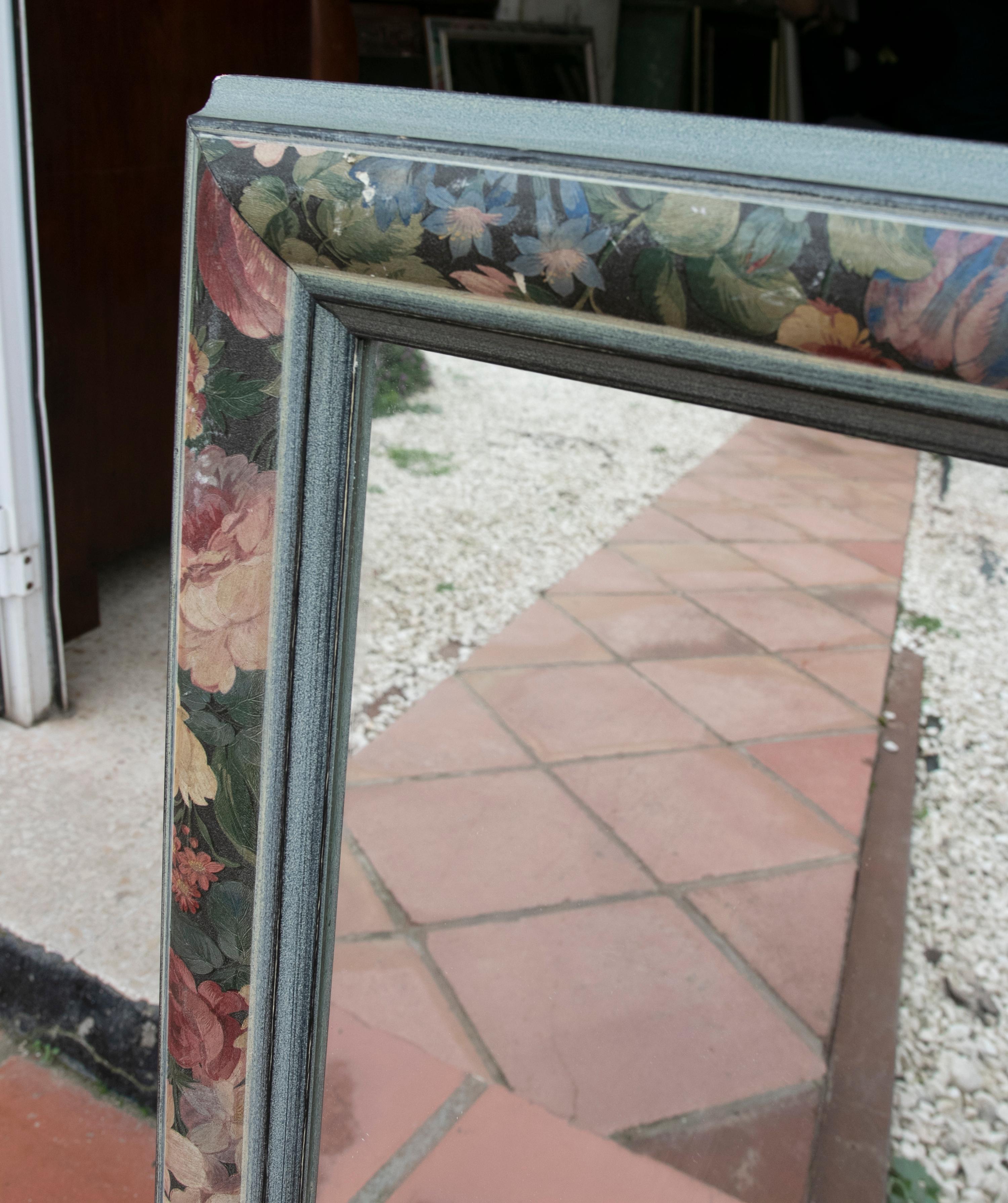 Spanish 1980s Wooden Wall Mirror Painted with Flowers For Sale