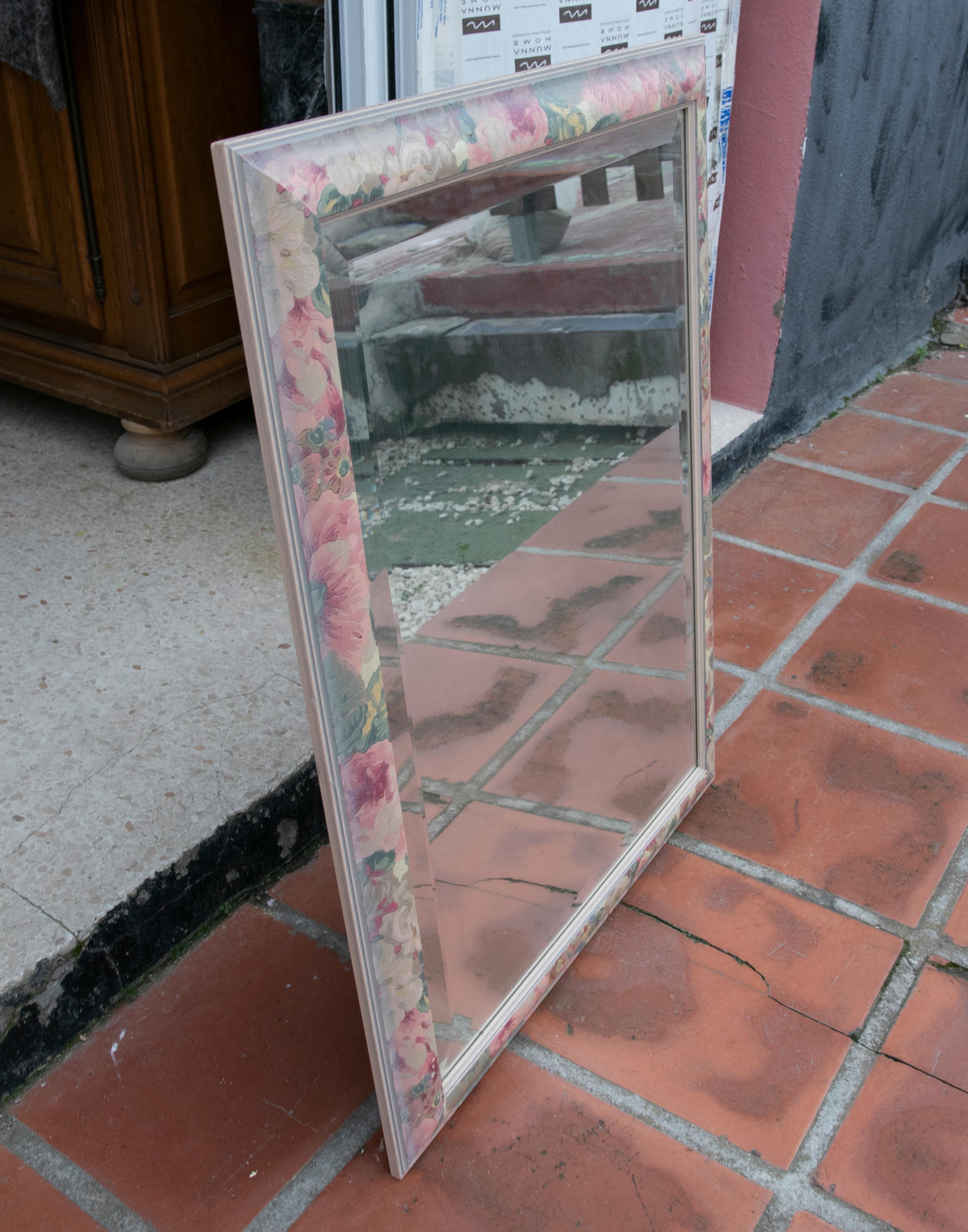 Spanish 1980s Wooden Wall Mirror Painted with Flowers  For Sale
