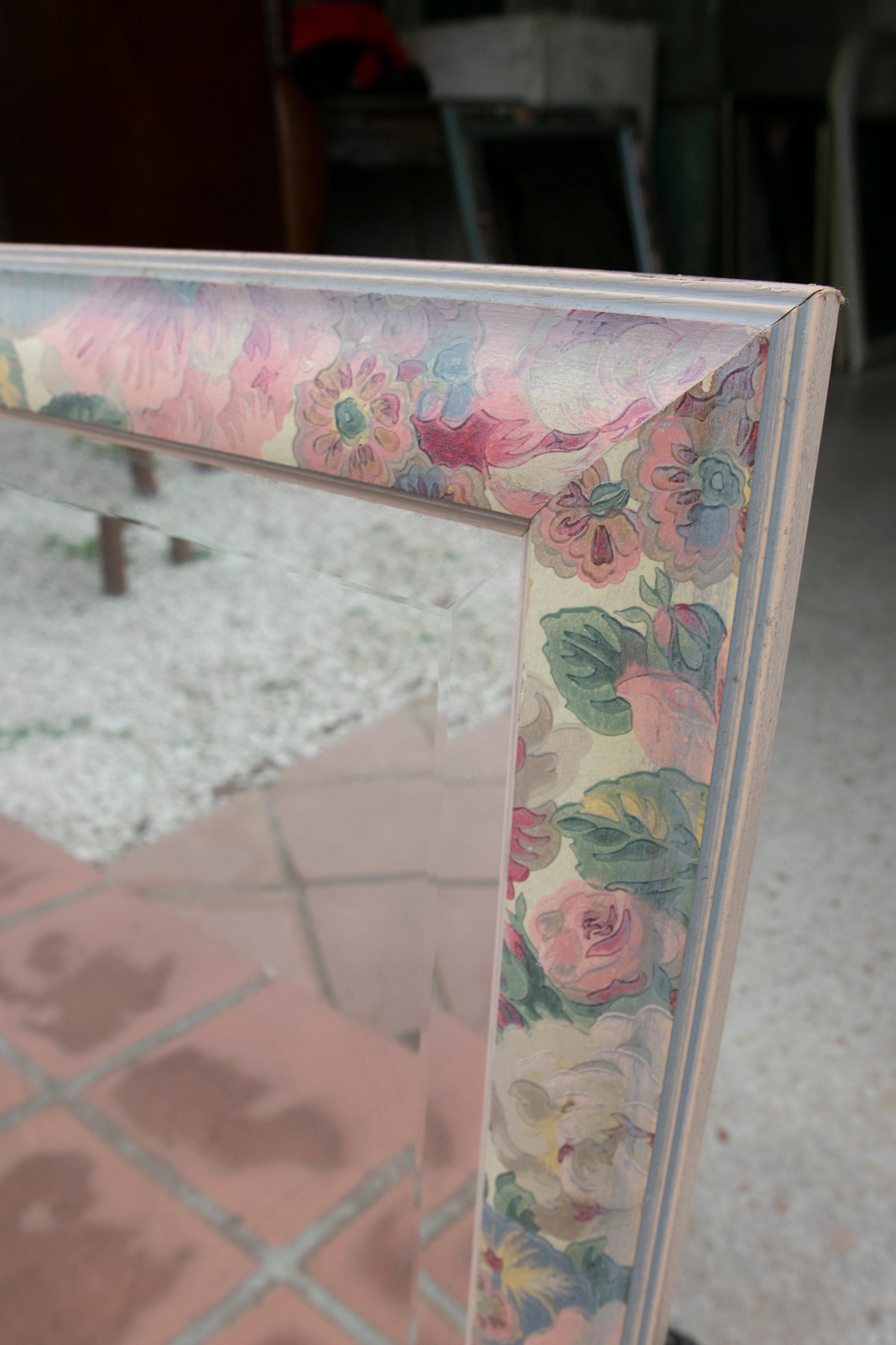 20th Century 1980s Wooden Wall Mirror Painted with Flowers  For Sale