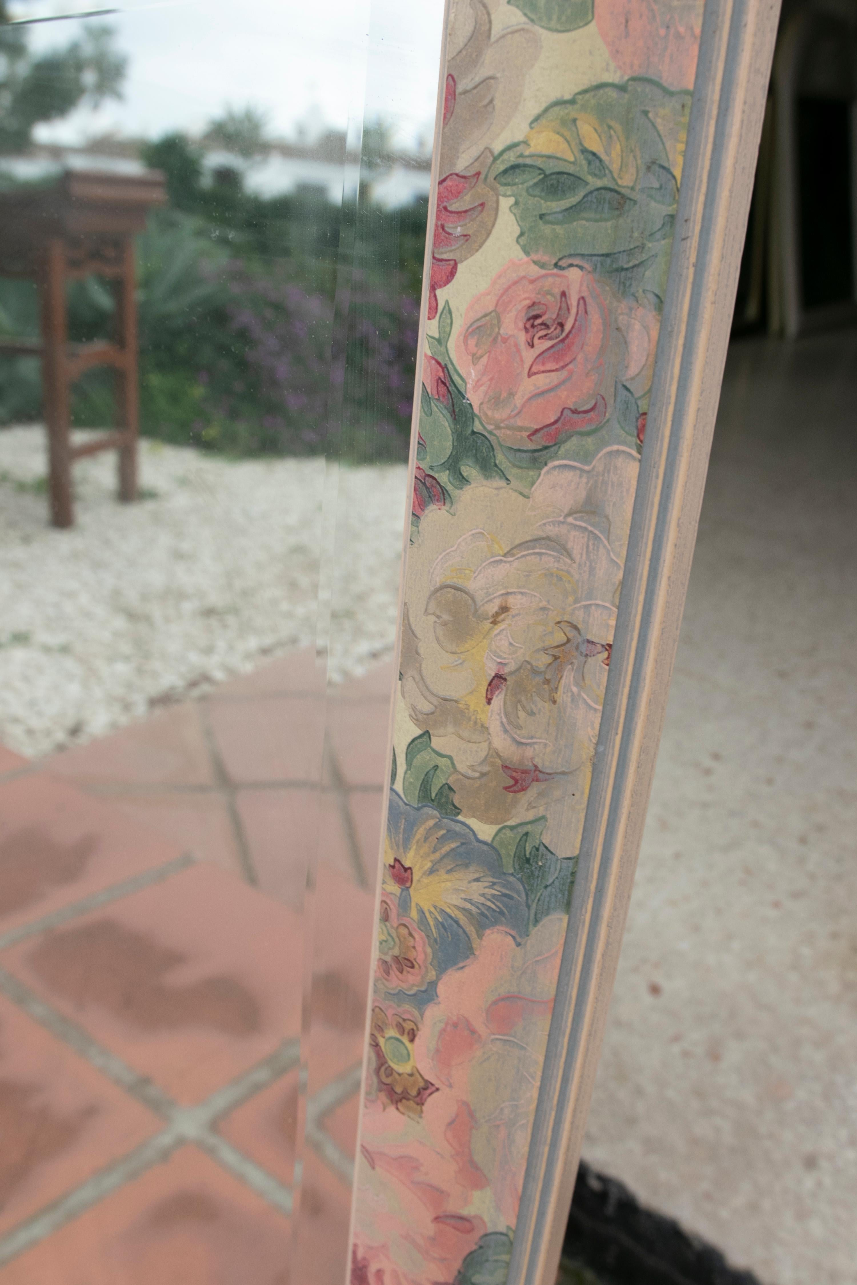 1980s Wooden Wall Mirror Painted with Flowers  For Sale 1