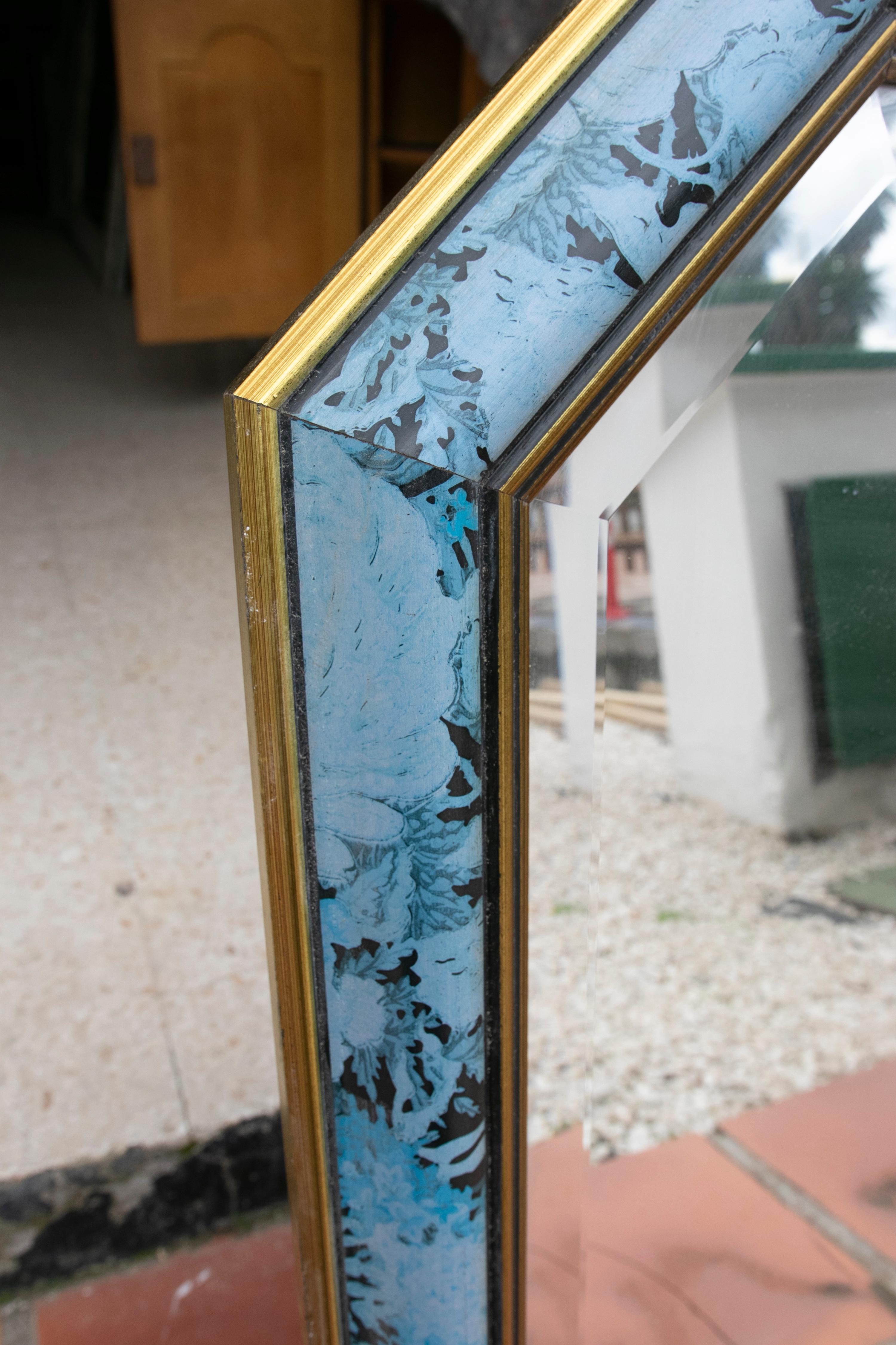 Spanish 1980s Wooden Wall Mirror with Flower Decoration in Blue Tones For Sale