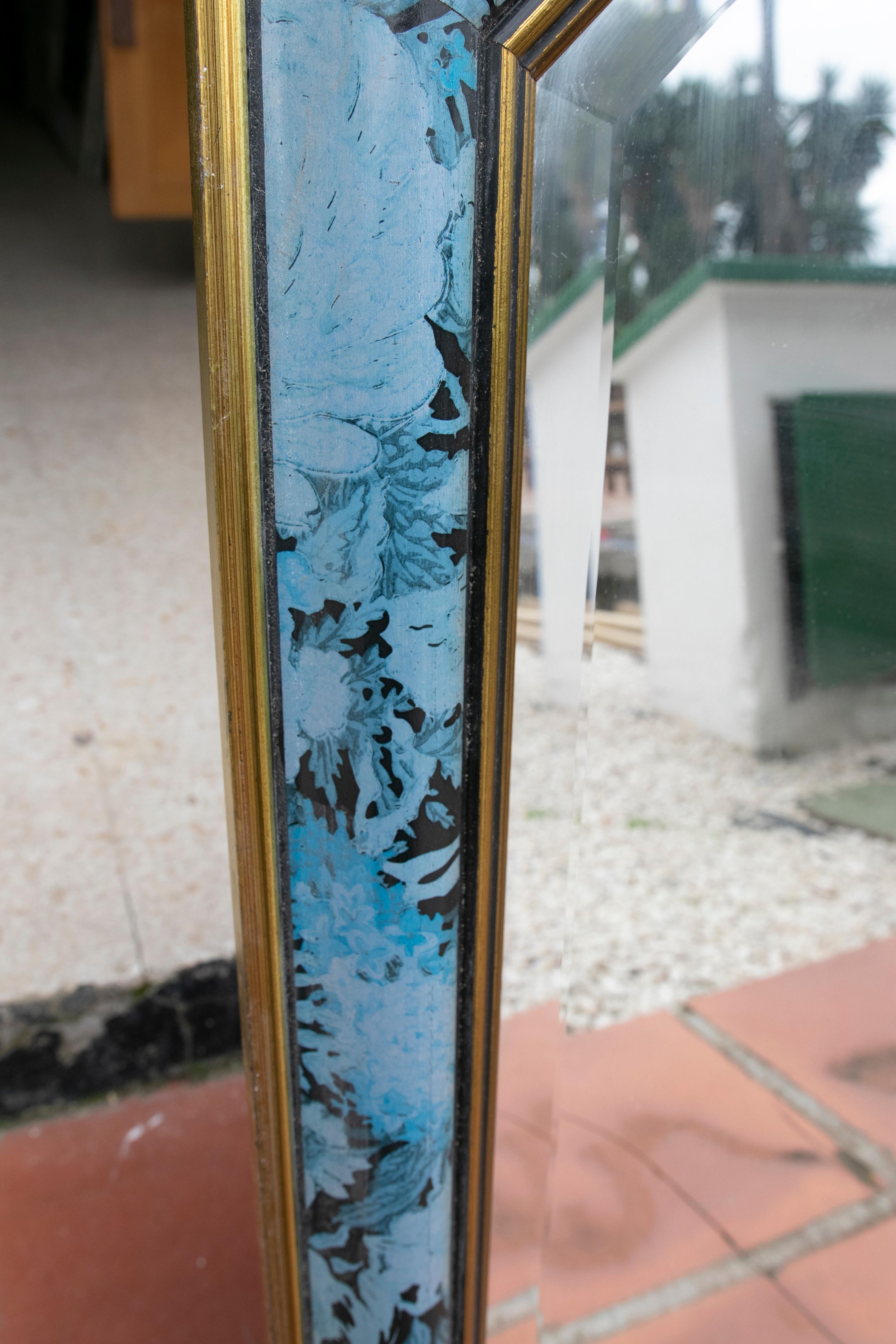 1980s Wooden Wall Mirror with Flower Decoration in Blue Tones In Good Condition For Sale In Marbella, ES