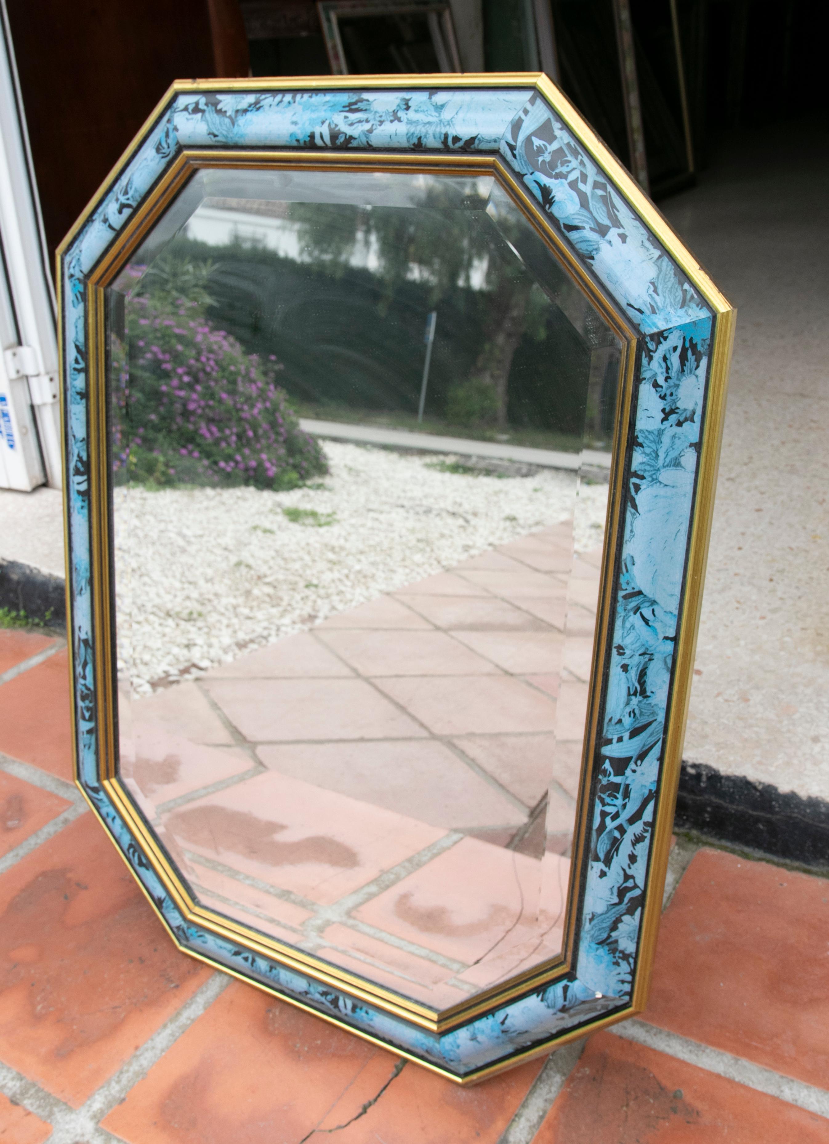 20th Century 1980s Wooden Wall Mirror with Flower Decoration in Blue Tones For Sale