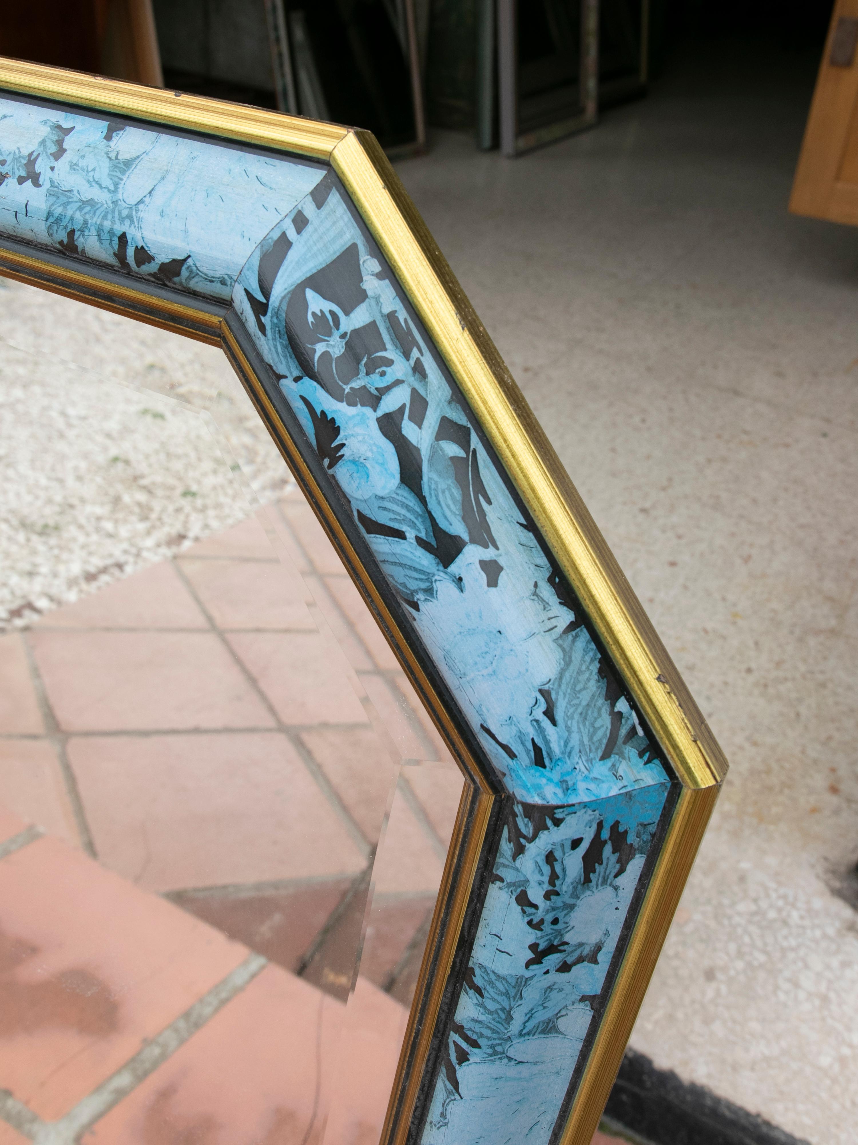 1980s Wooden Wall Mirror with Flower Decoration in Blue Tones For Sale 1