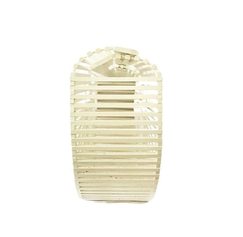 1980s Wooden White Slat Basket Top Handle Half Moon Beach bag For Sale 1