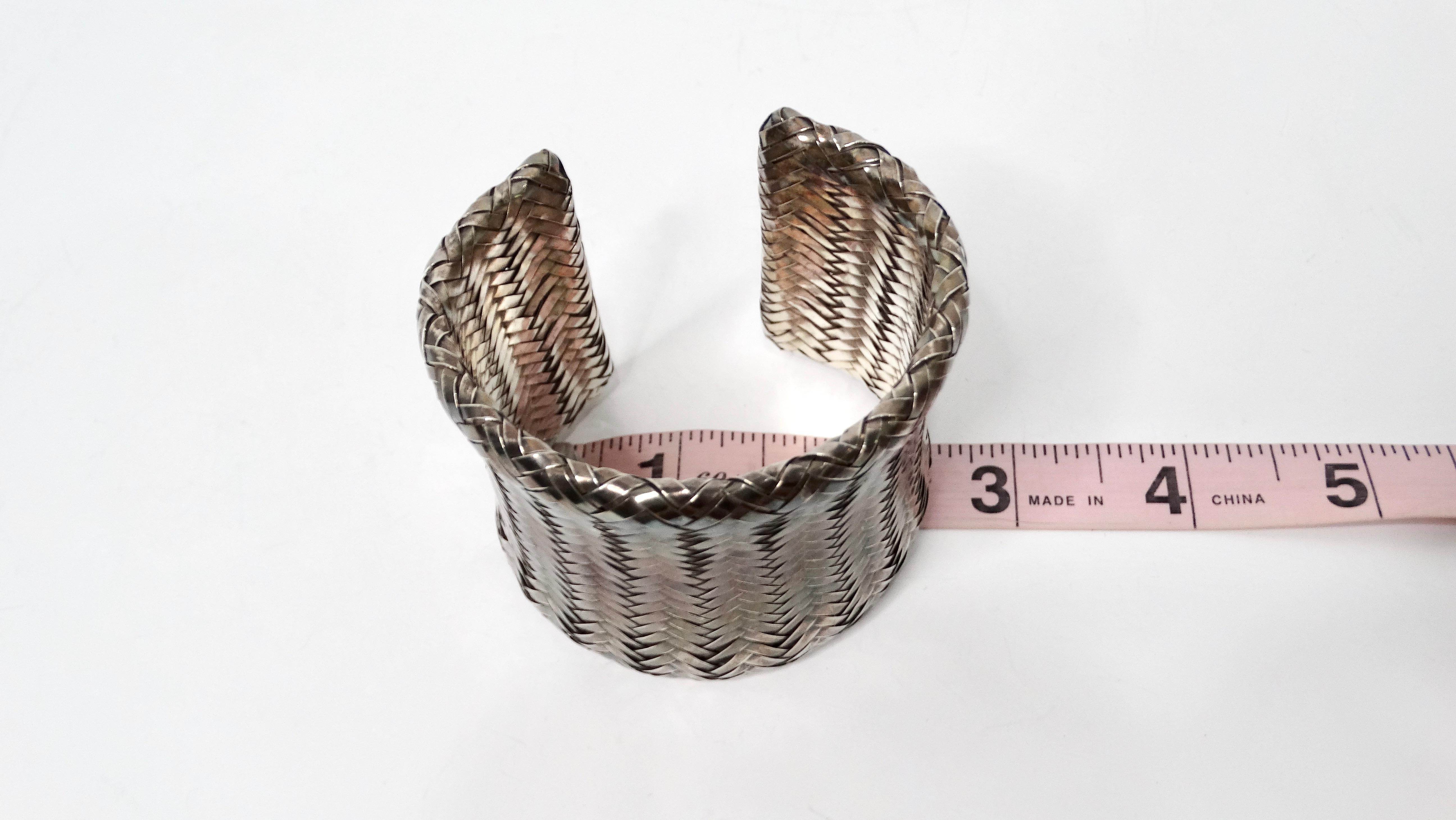 1980s Woven Sterling Silver Wide Cuff Bracelet For Sale 1