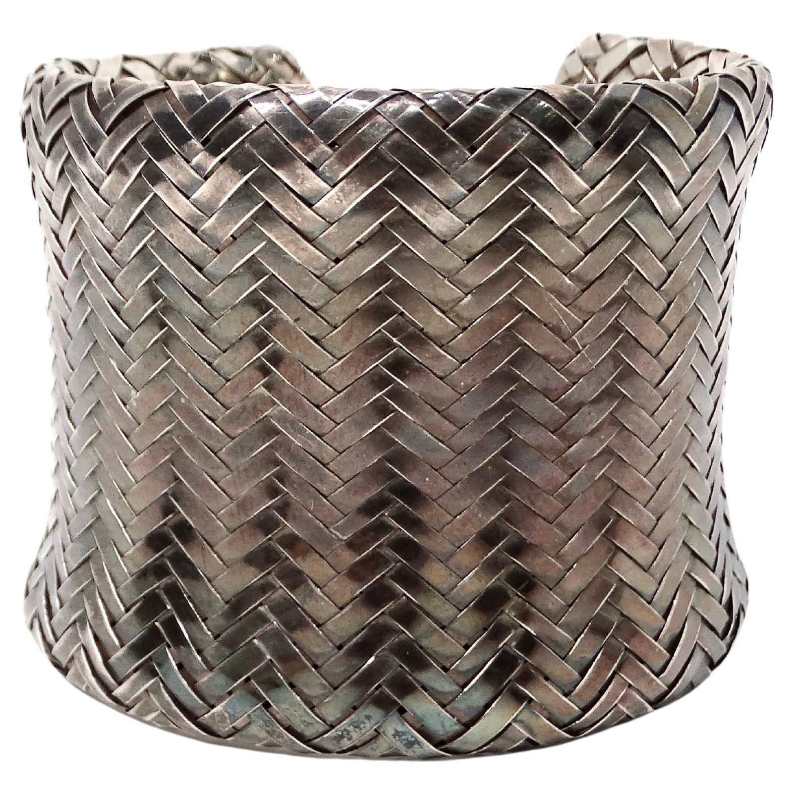 1980s Woven Sterling Silver Wide Cuff Bracelet For Sale