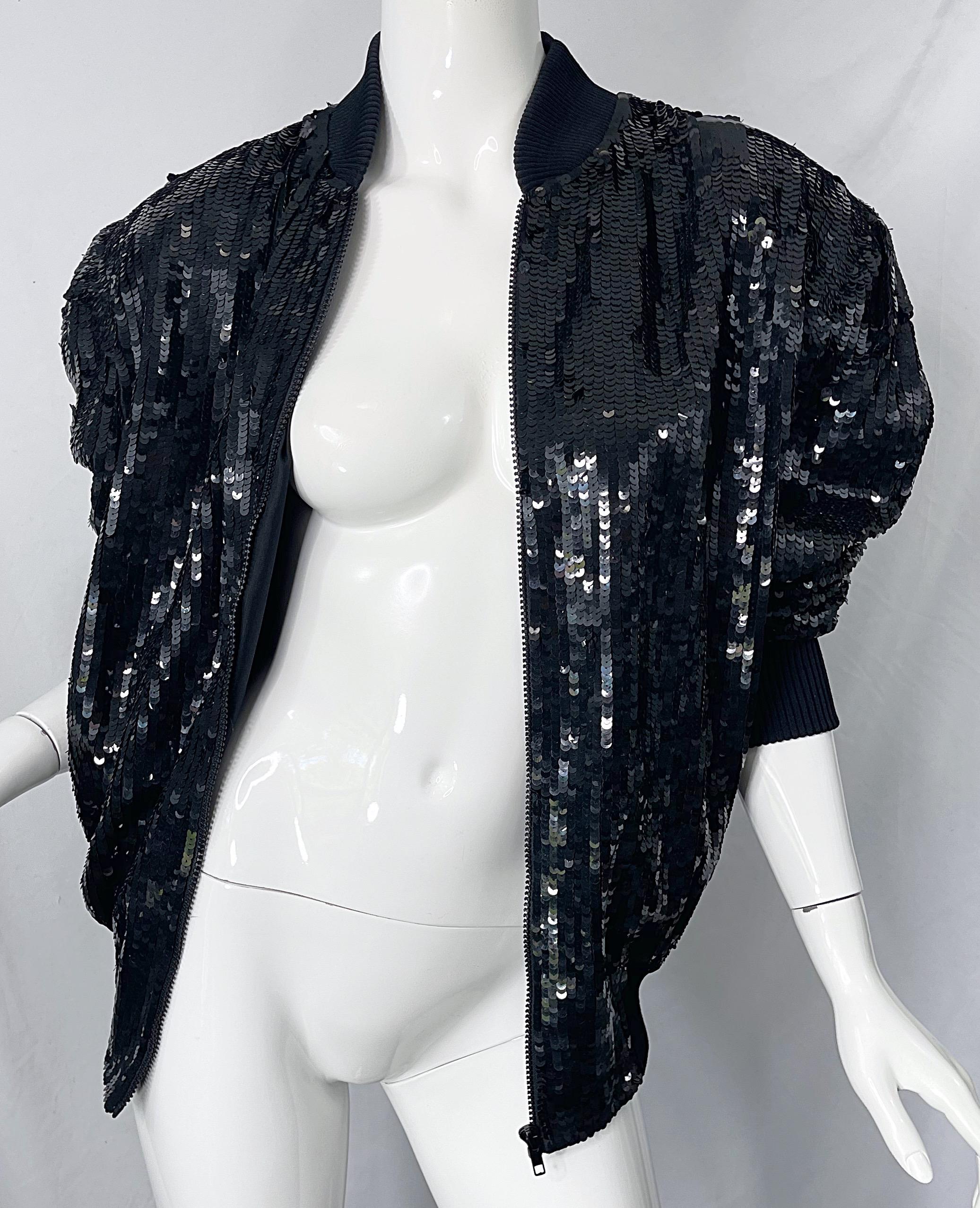 1980s XL Black Fully Sequin Beaded Silk Vintage 80s Bomber Jacket Large Size For Sale 3