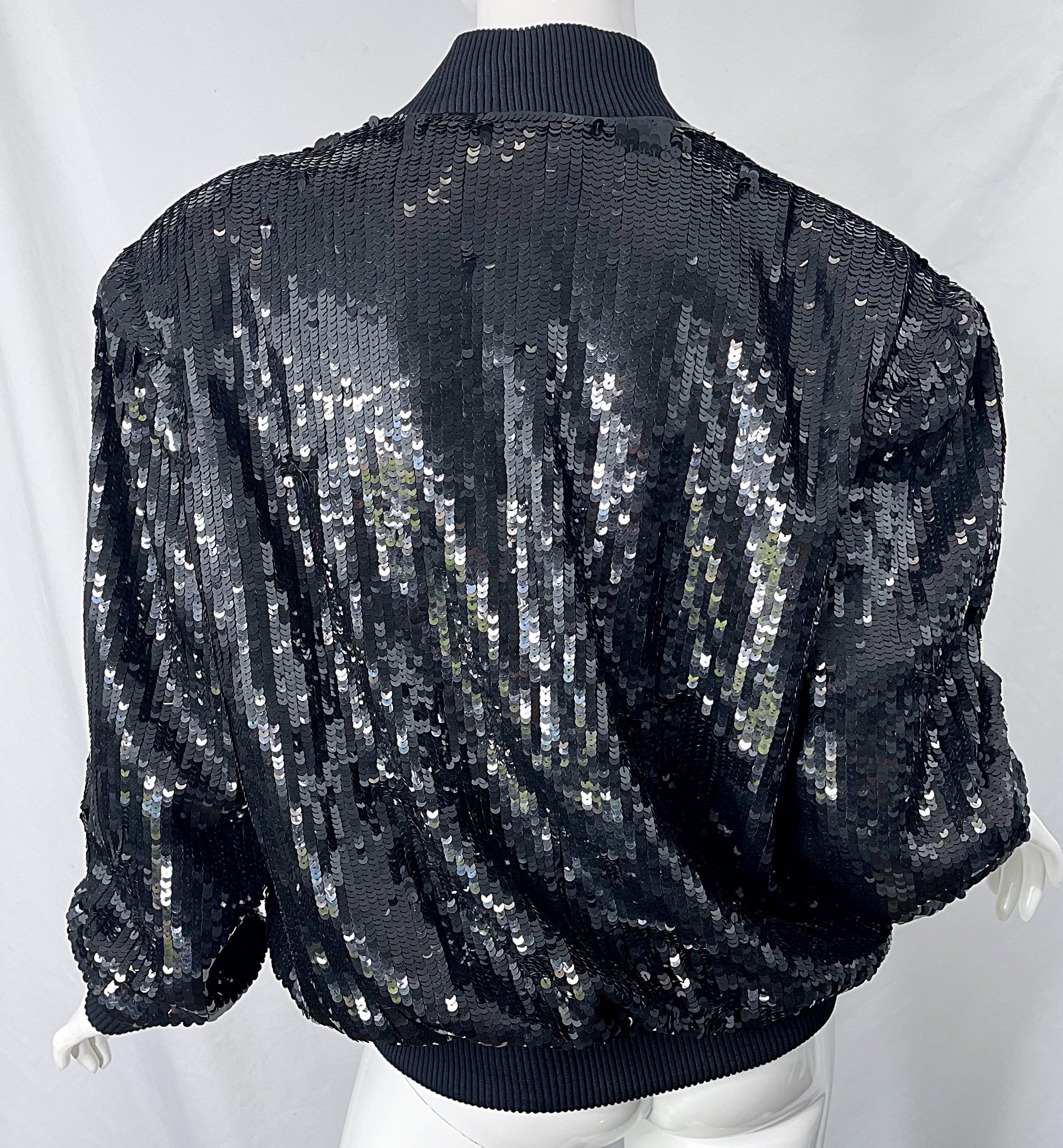 1980s XL Black Fully Sequin Beaded Silk Vintage 80s Bomber Jacket Large Size For Sale 4