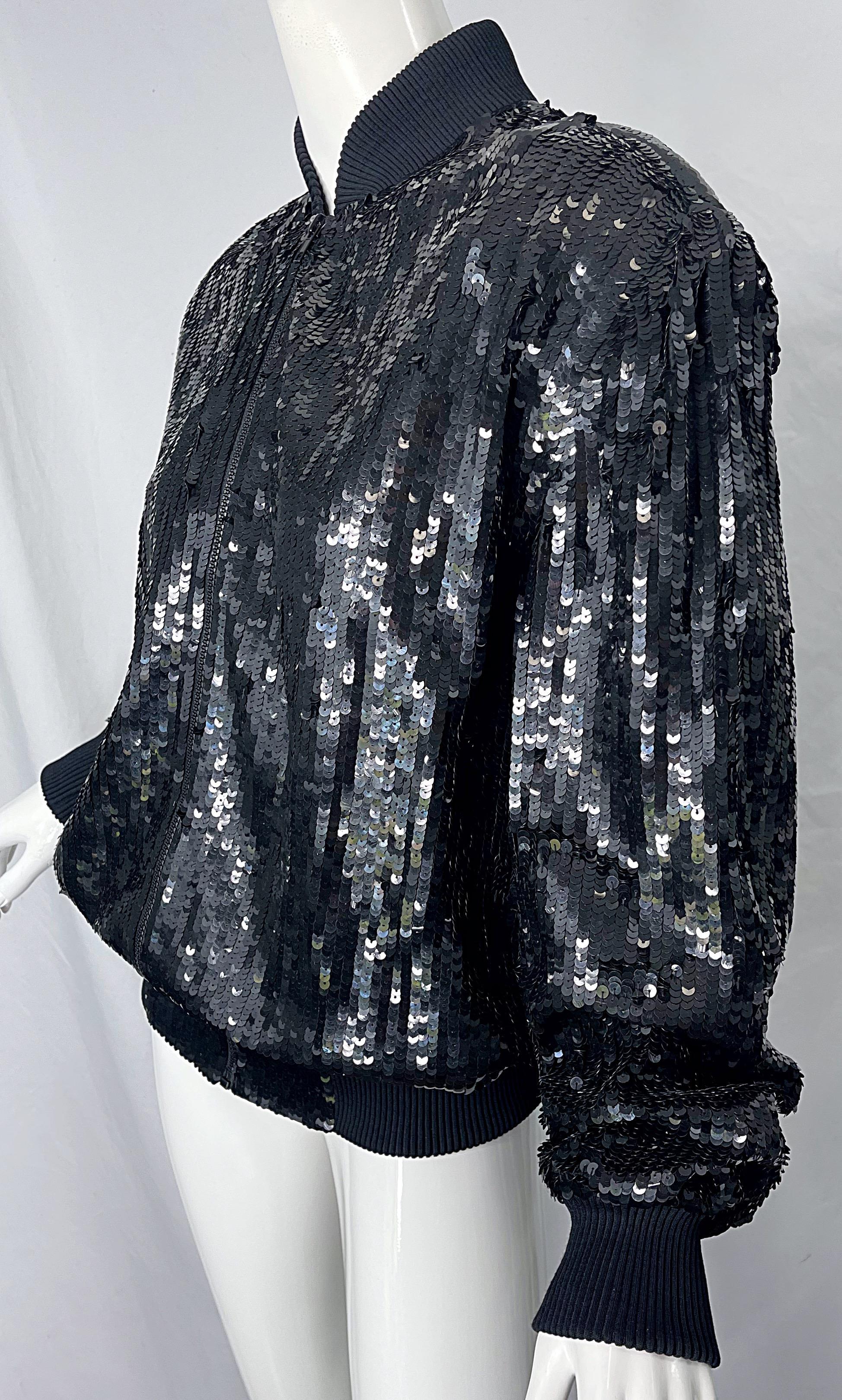 1980s XL Black Fully Sequin Beaded Silk Vintage 80s Bomber Jacket Large Size For Sale 5
