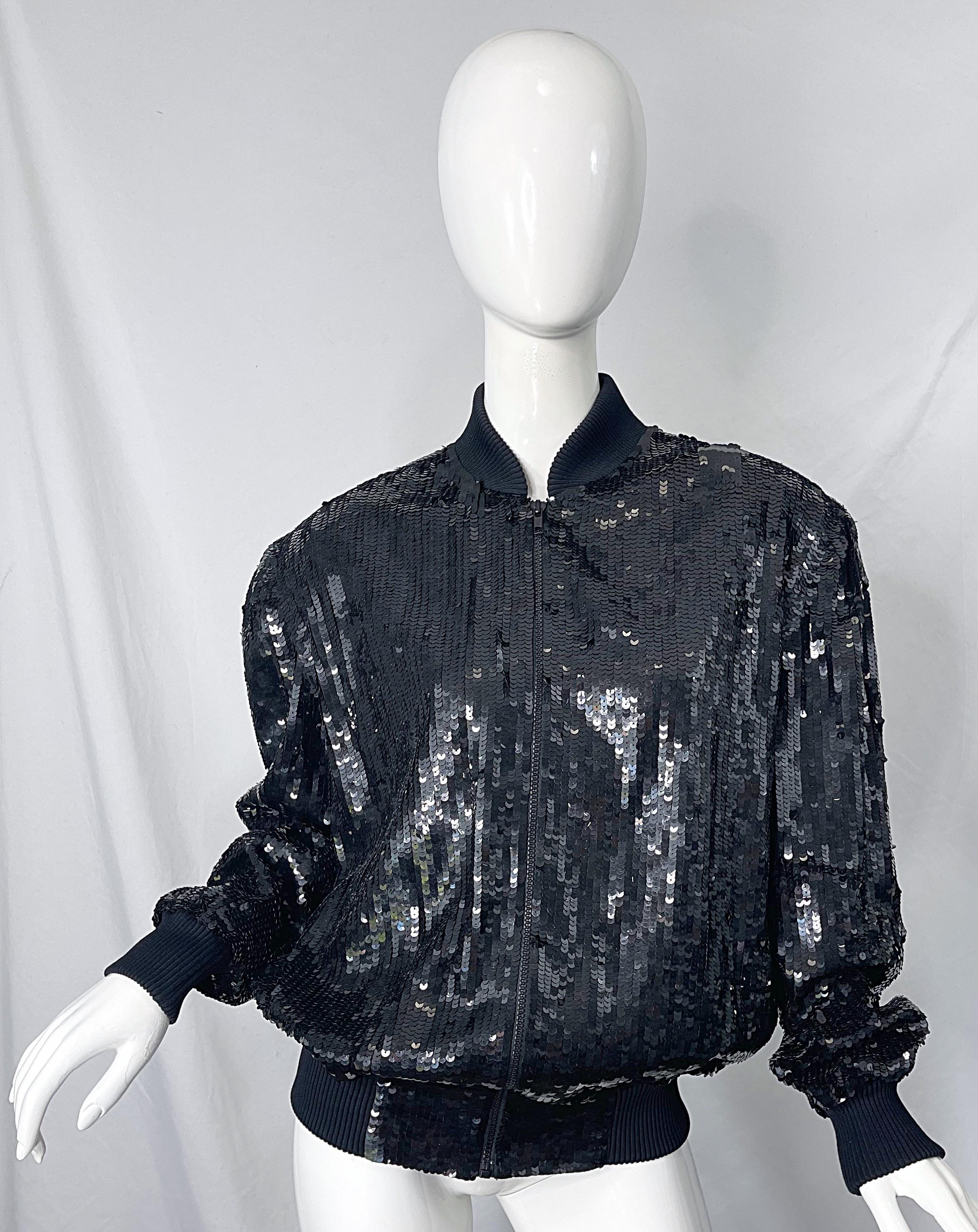 1980s XL Black Fully Sequin Beaded Silk Vintage 80s Bomber Jacket Large Size For Sale 6