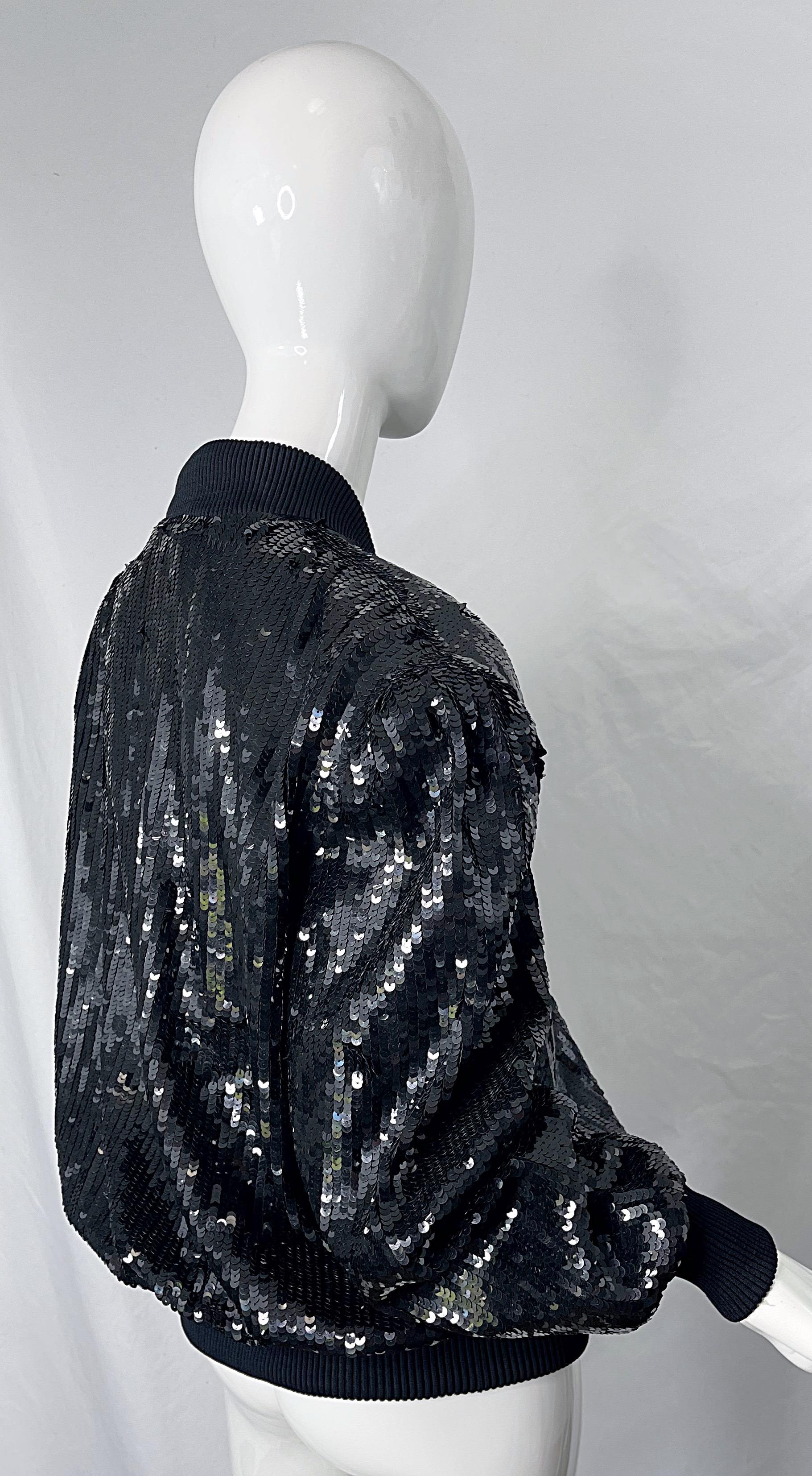 1980s XL Black Fully Sequin Beaded Silk Vintage 80s Bomber Jacket Large Size For Sale 7