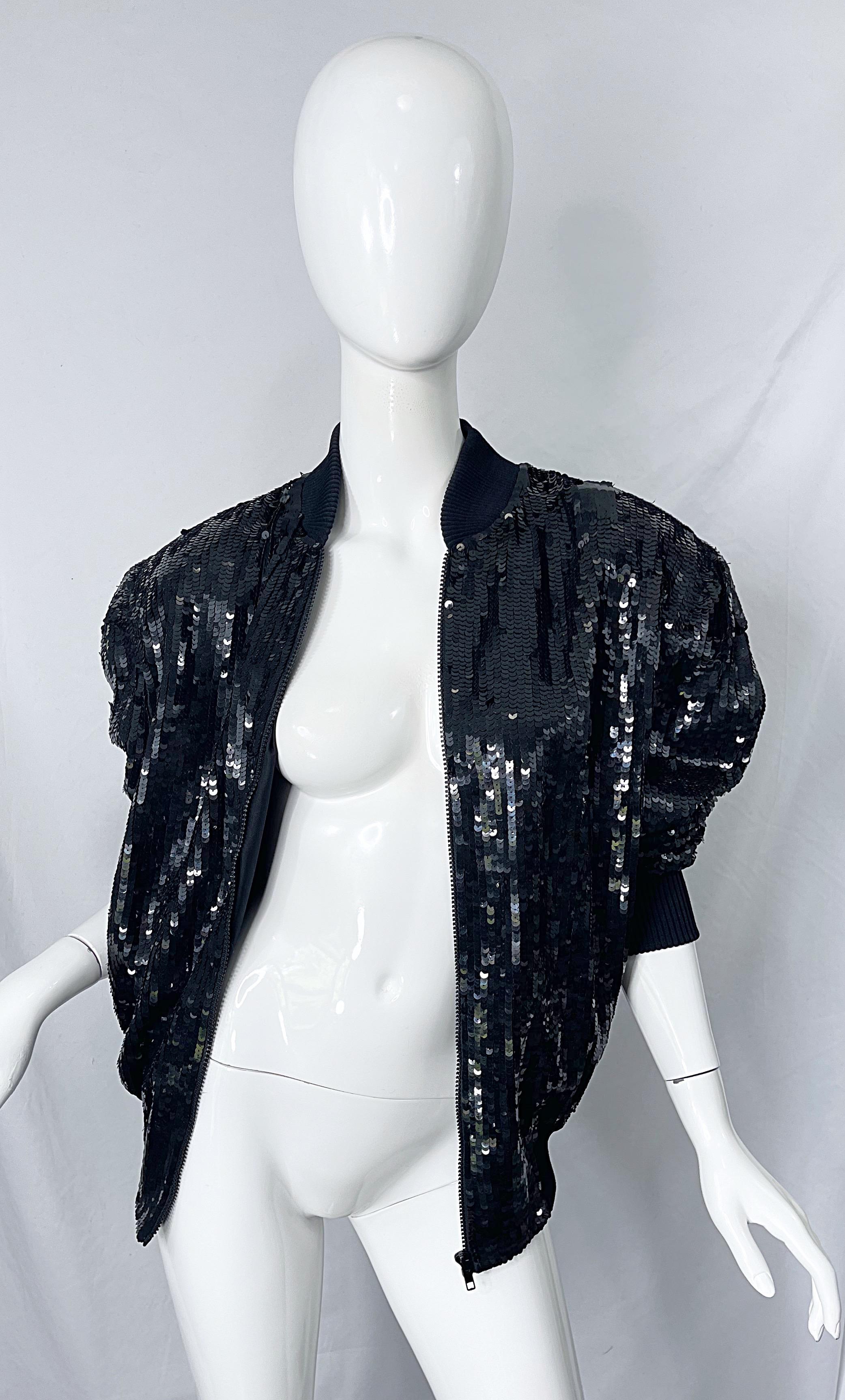 1980s XL Black Fully Sequin Beaded Silk Vintage 80s Bomber Jacket Large Size For Sale 8