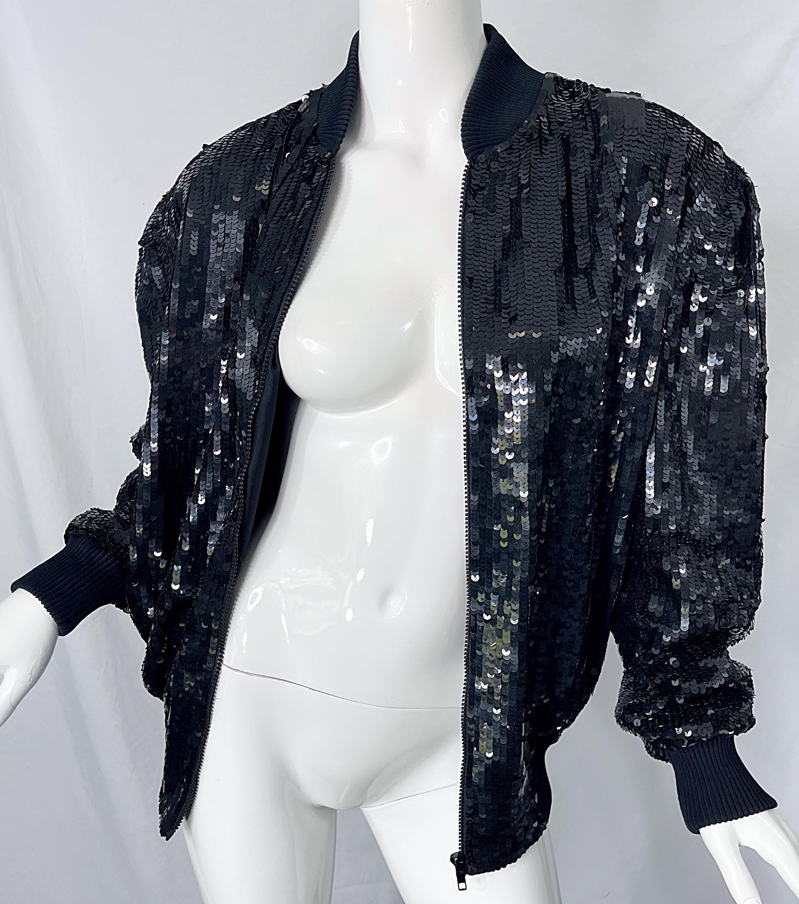 1980s XL Black Fully Sequin Beaded Silk Vintage 80s Bomber Jacket Large Size For Sale 9