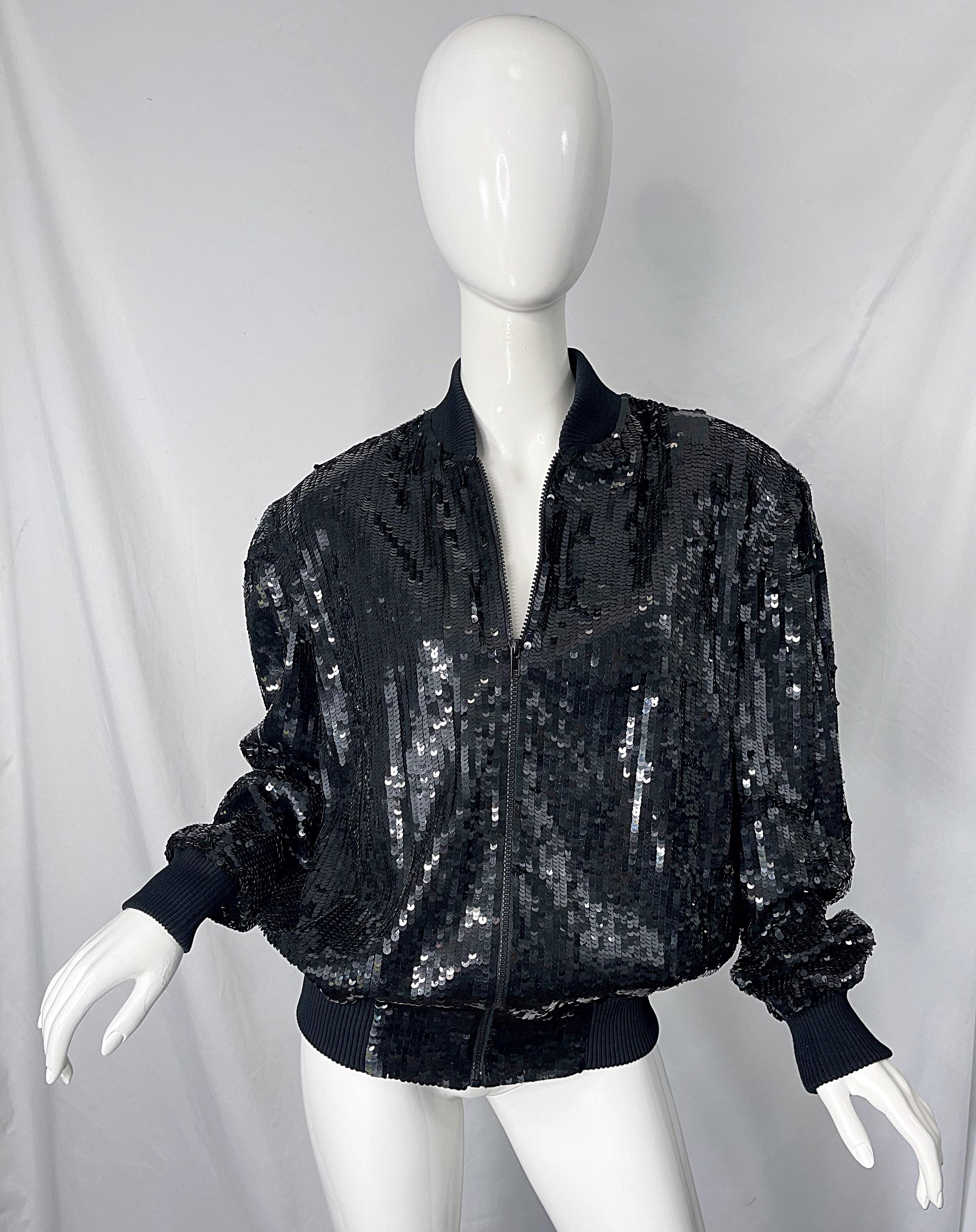 1980s XL Black Fully Sequin Beaded Silk Vintage 80s Bomber Jacket Large Size For Sale 10