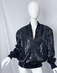 1980s XL Black Fully Sequin Beaded Silk Vintage 80s Bomber Jacket Large Size