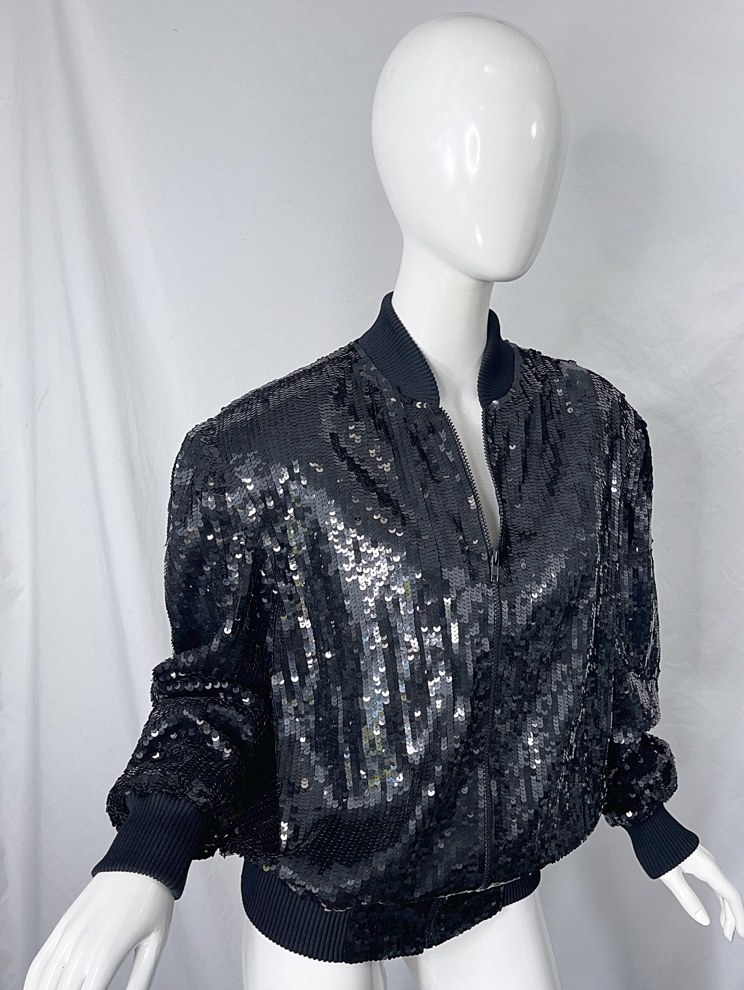 Women's 1980s XL Black Fully Sequin Beaded Silk Vintage 80s Bomber Jacket Large Size For Sale
