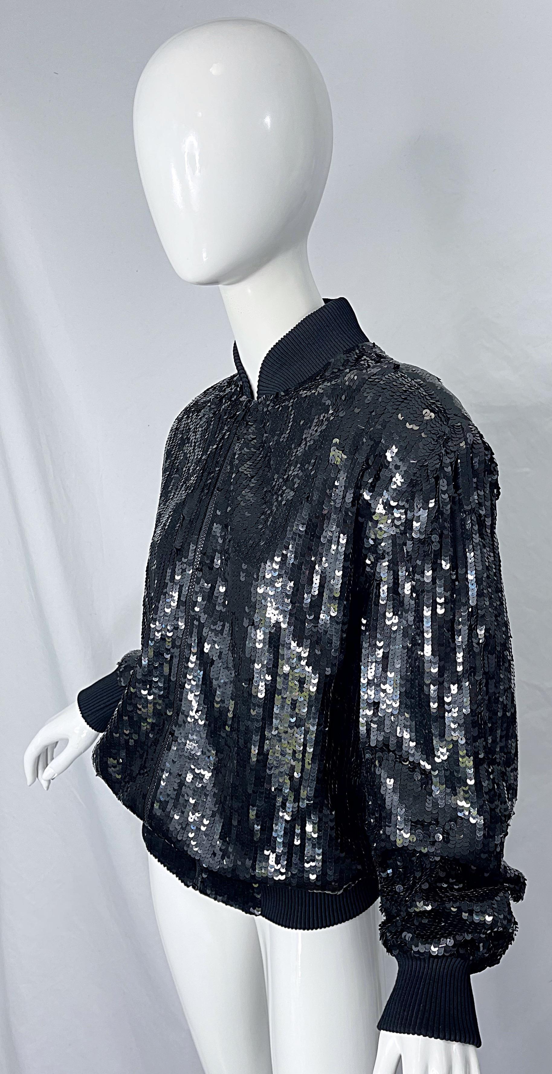 1980s XL Black Fully Sequin Beaded Silk Vintage 80s Bomber Jacket Large Size For Sale 1