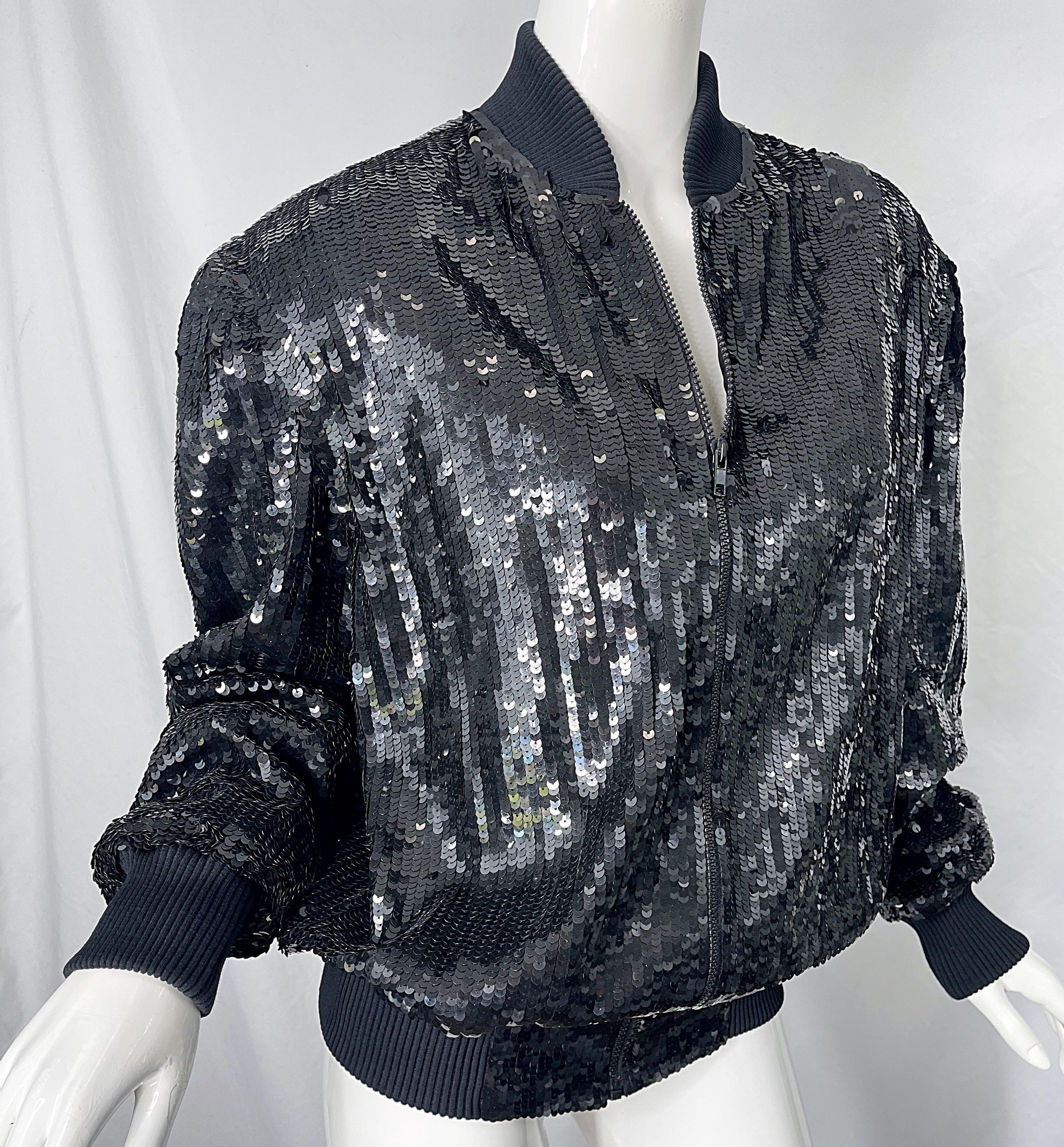 1980s XL Black Fully Sequin Beaded Silk Vintage 80s Bomber Jacket Large Size For Sale 2