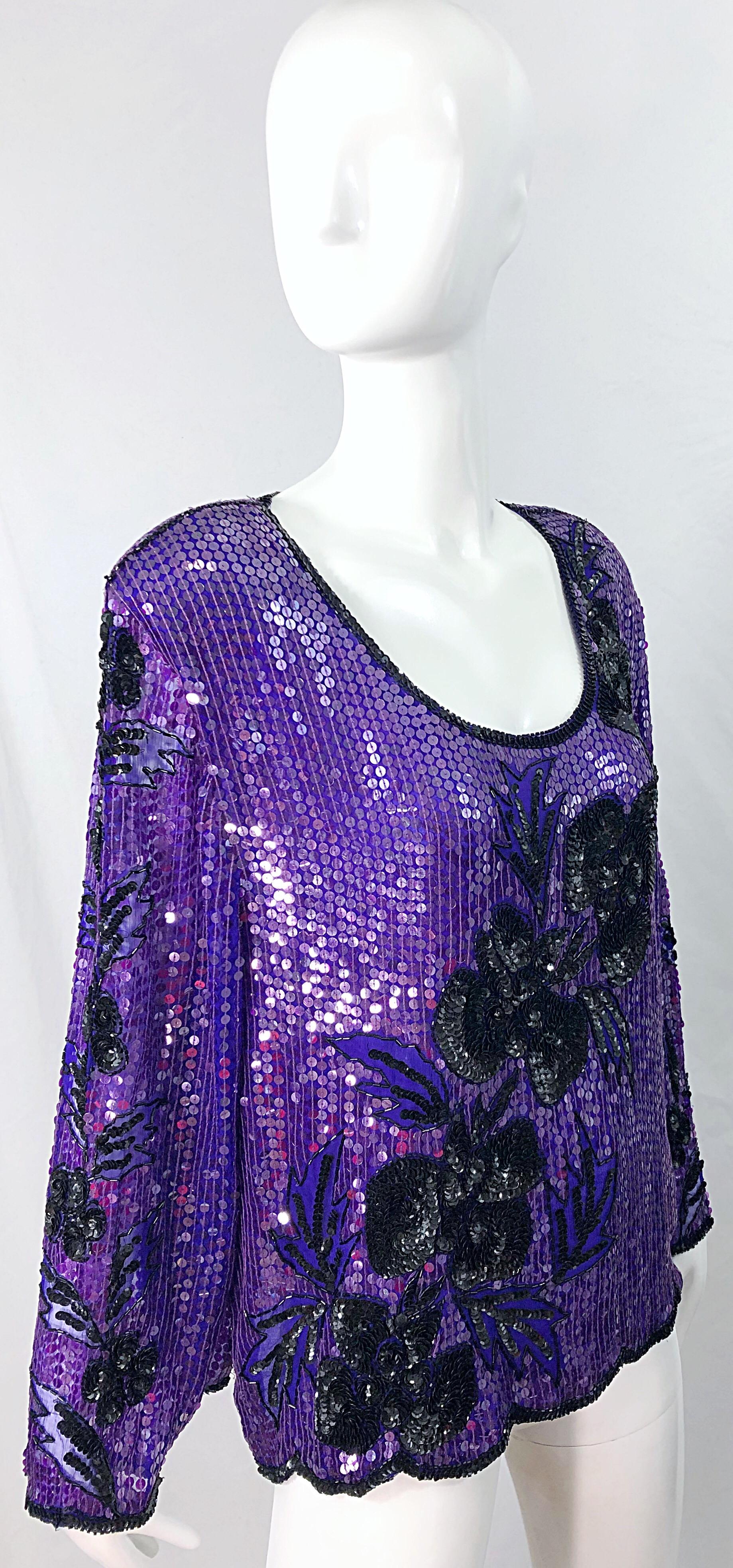 1990s XXL Purple Black Silk Chiffon Sequined Beaded Plus Size Vintage 90s Blouse For Sale 3