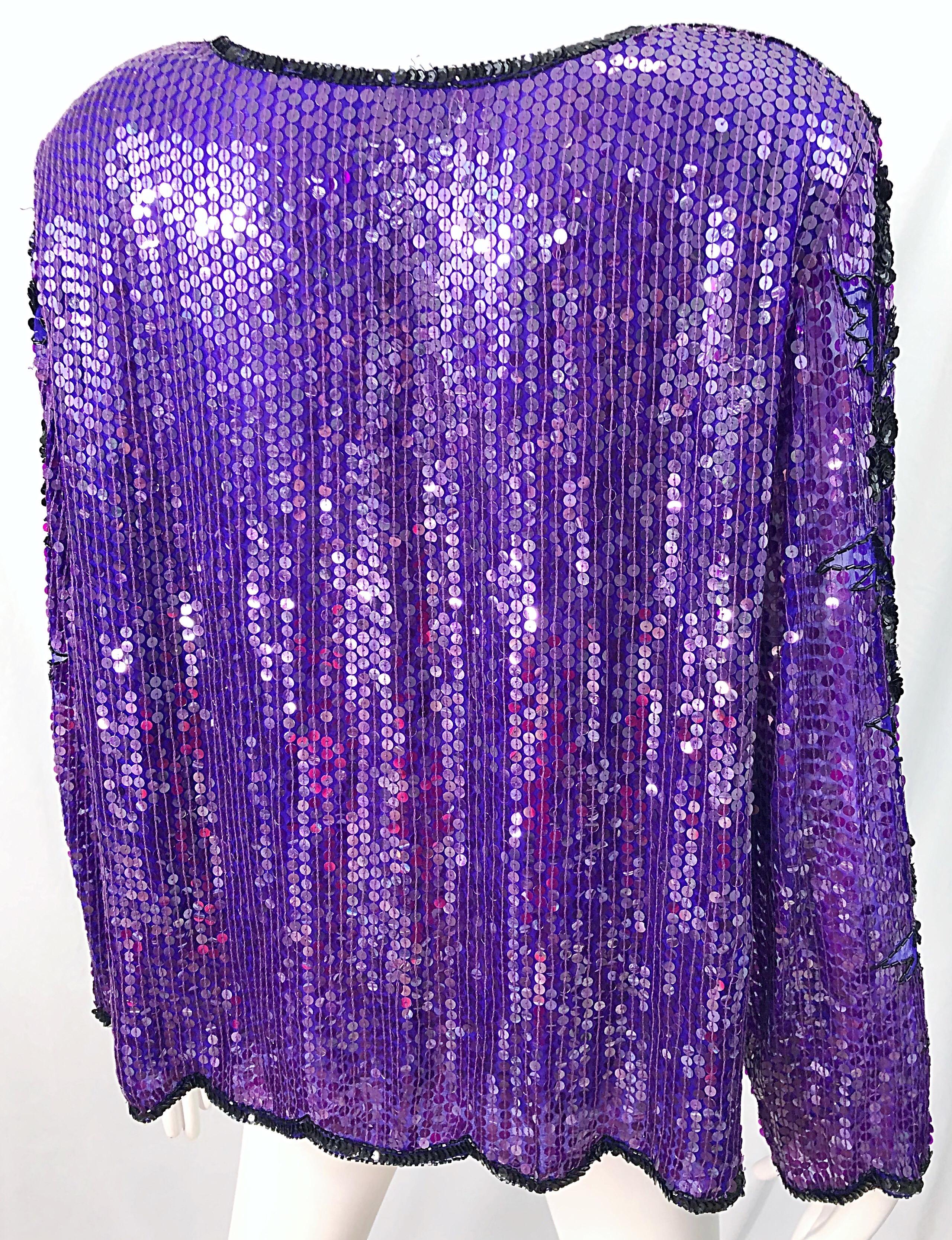 1990s XXL Purple Black Silk Chiffon Sequined Beaded Plus Size Vintage 90s Blouse For Sale 4