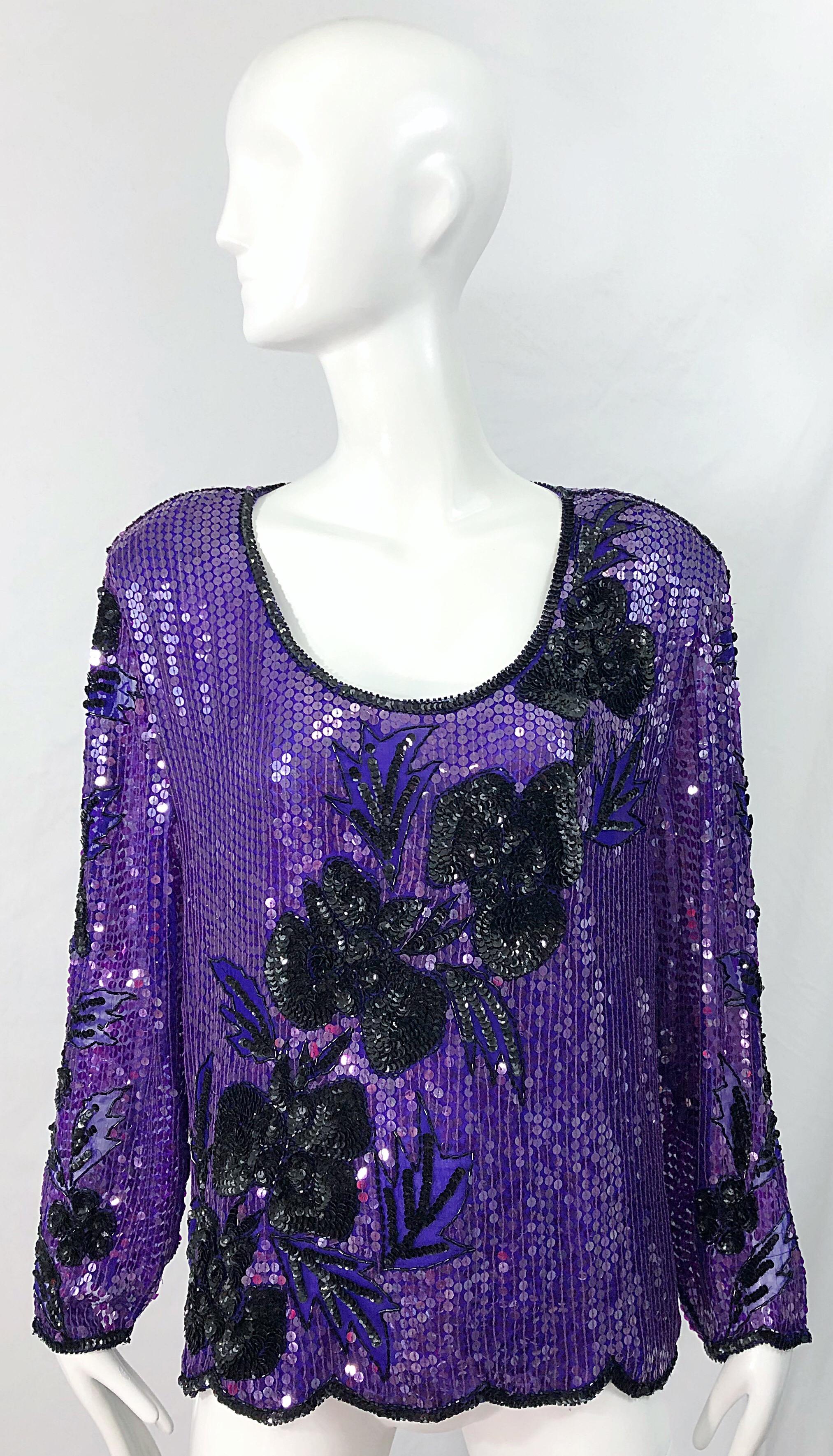 1990s XXL Purple Black Silk Chiffon Sequined Beaded Plus Size Vintage 90s Blouse For Sale 5