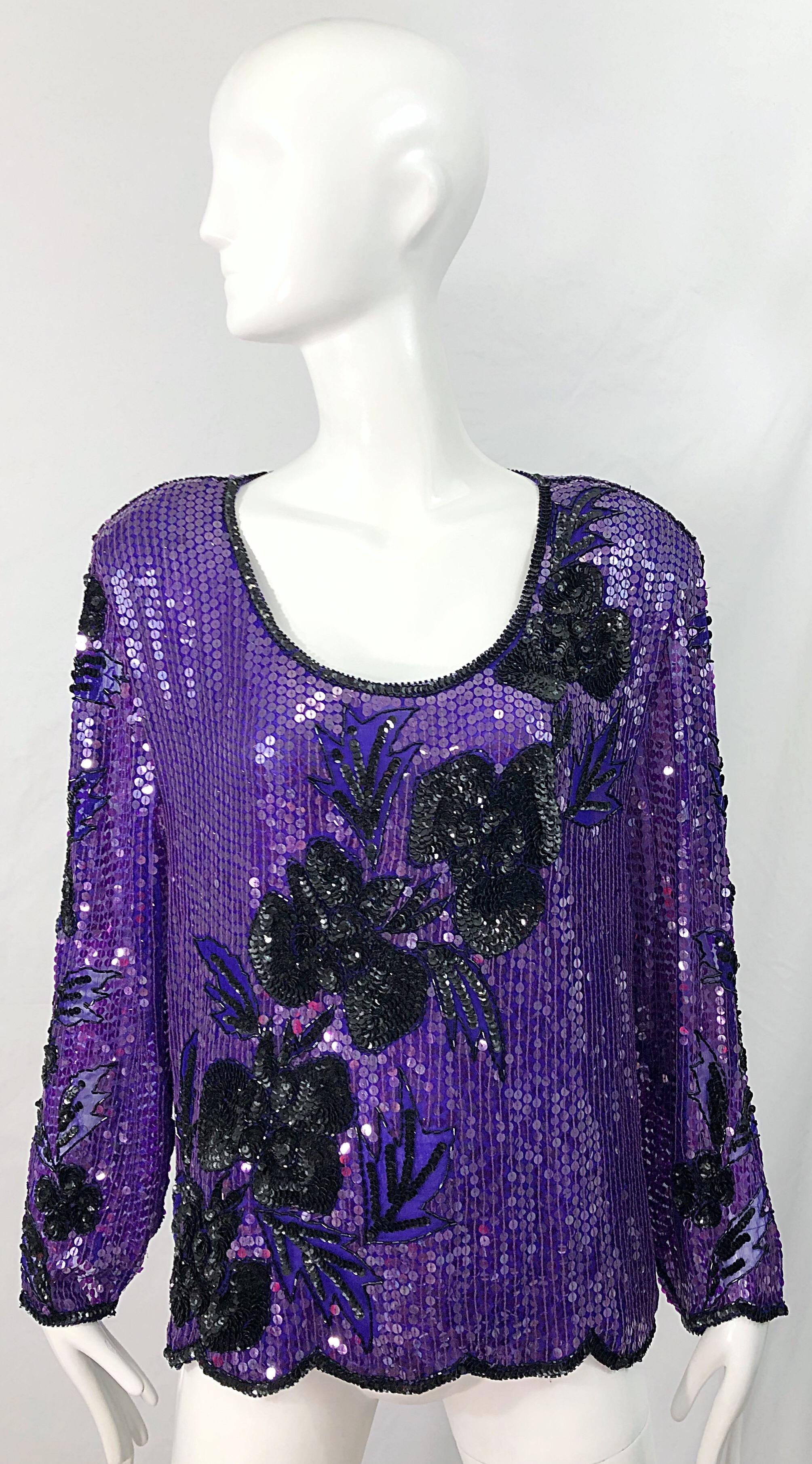 Beautiful early 90s plus size purple and black silk chiffon sequin and beaded long sleeve shirt ! Features thousands of hand-sewn purple sequins and black beads throughout. Scalloped edge hem. Flowers and foliage printed throughout. Simply slips
