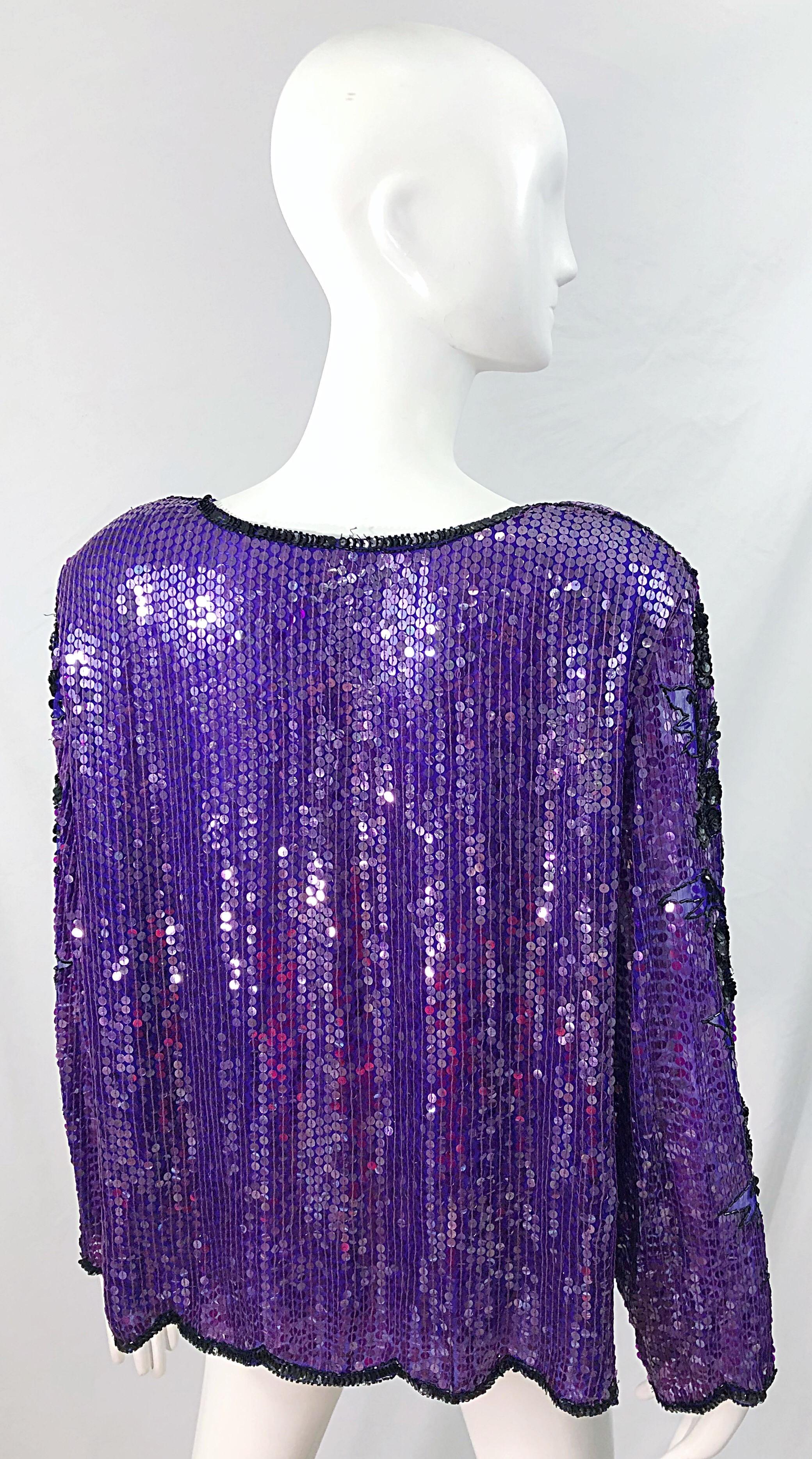 1990s XXL Purple Black Silk Chiffon Sequined Beaded Plus Size Vintage 90s Blouse In Excellent Condition For Sale In San Diego, CA