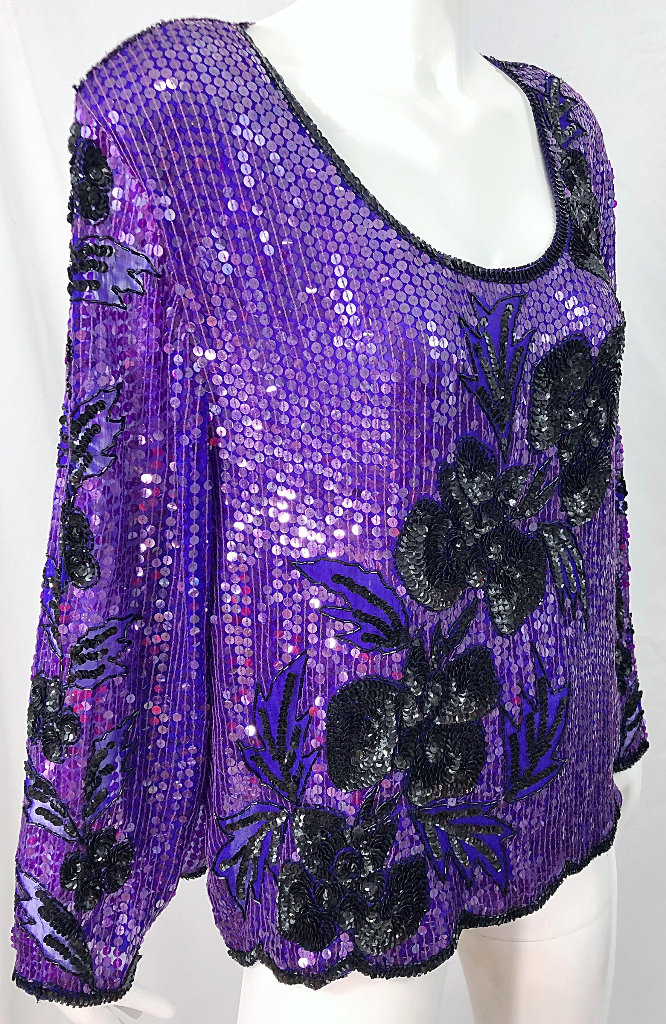 Women's 1990s XXL Purple Black Silk Chiffon Sequined Beaded Plus Size Vintage 90s Blouse For Sale