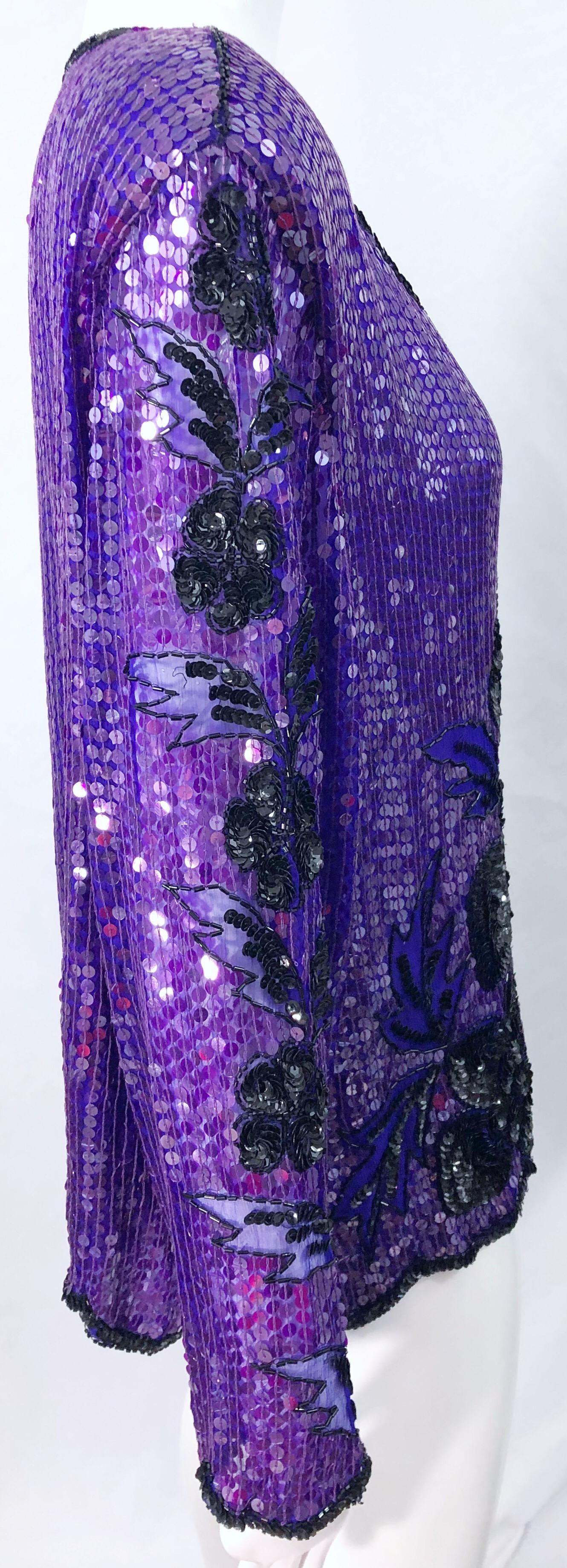 1990s XXL Purple Black Silk Chiffon Sequined Beaded Plus Size Vintage 90s Blouse For Sale 2