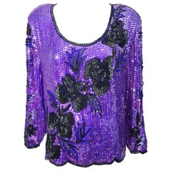 Chemisier vintage en mousseline de soie noire et violette à paillettes et perles, taille XL, années 1990