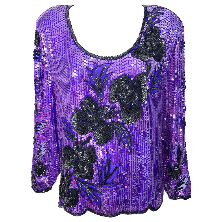 1990s XXL Purple Black Silk Chiffon Sequined Beaded Plus Size Vintage 90s Blouse For Sale 1stDibs | plus size purple top, black silk blouse plus size, purple sequin long sleeve