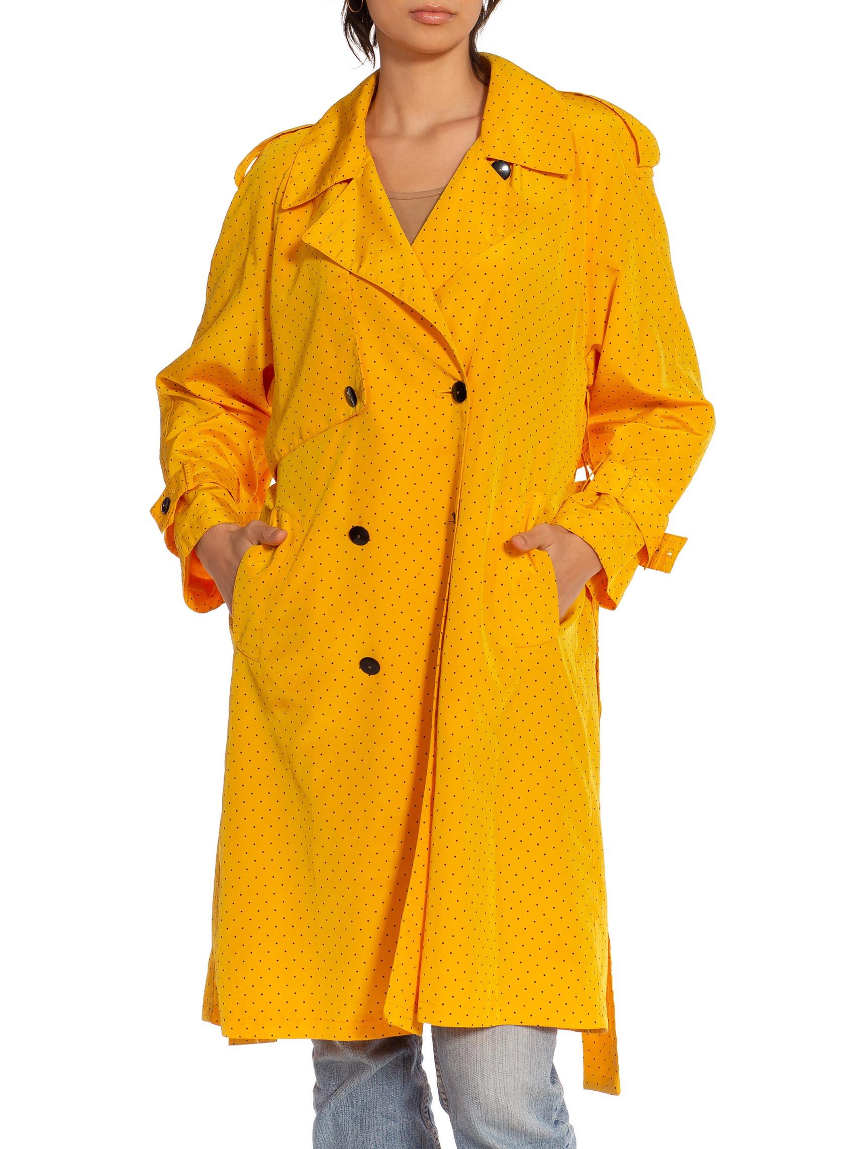 1980S Yellow & Black Polka Dot Double Breast Trench Coat With Pockets 1