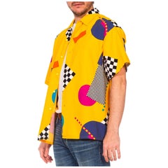 1980S Yellow Cotton Epic Memphis Design Printed Men's Shirt