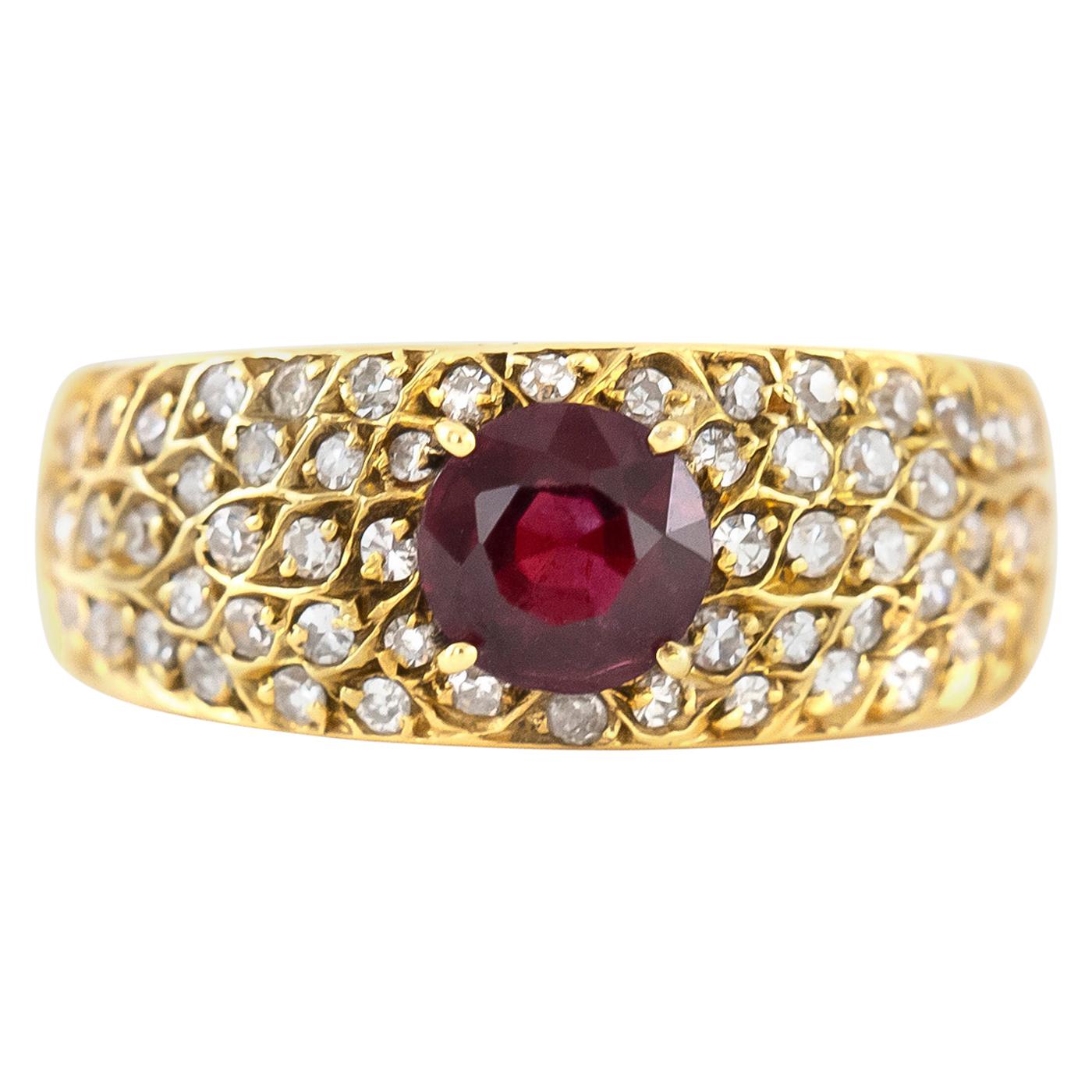 1980s Yellow Gold Diamonds with Center Ruby Ring For Sale