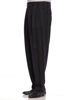 1980'S YOHJI YAMAMOTO Black & Grey Wool Pinstripe Men's Pleated High Waist Pants