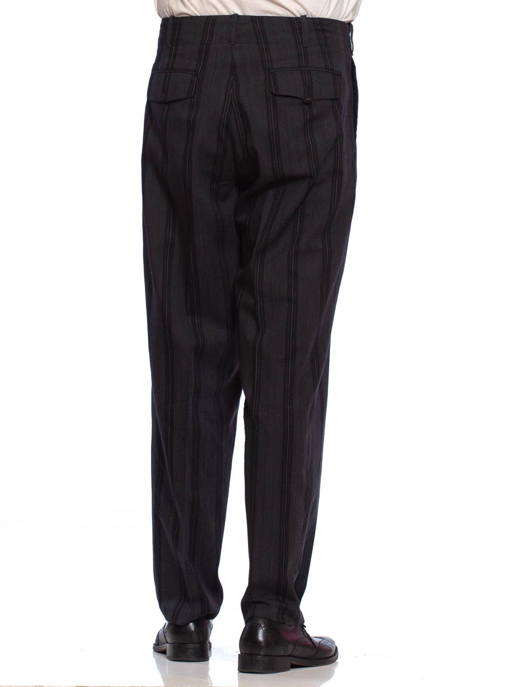 1980'S YOHJI YAMAMOTO Black & Grey Wool Pinstripe Men's Pleated High Waist Pants 1