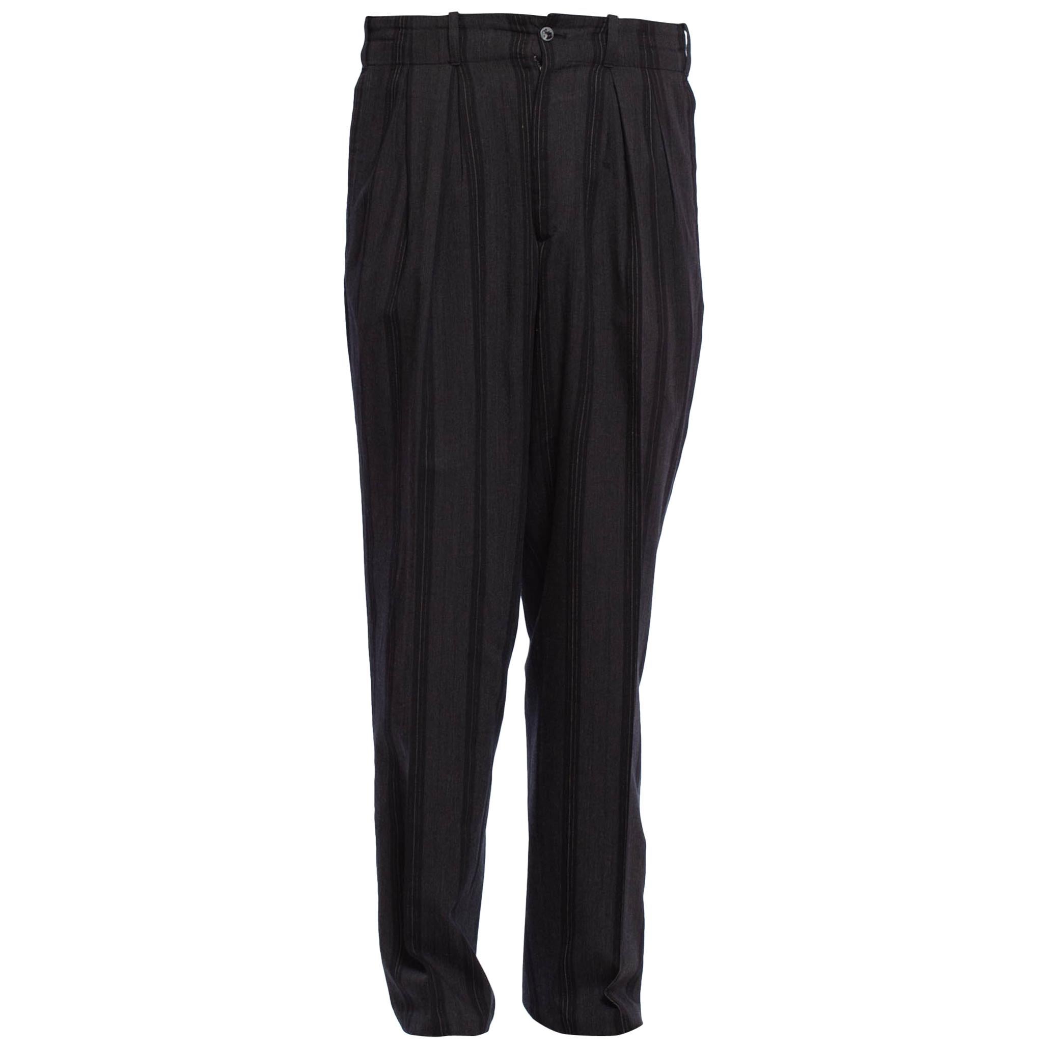 1980'S YOHJI YAMAMOTO Black & Grey Wool Pinstripe Men's Pleated High Waist Pants