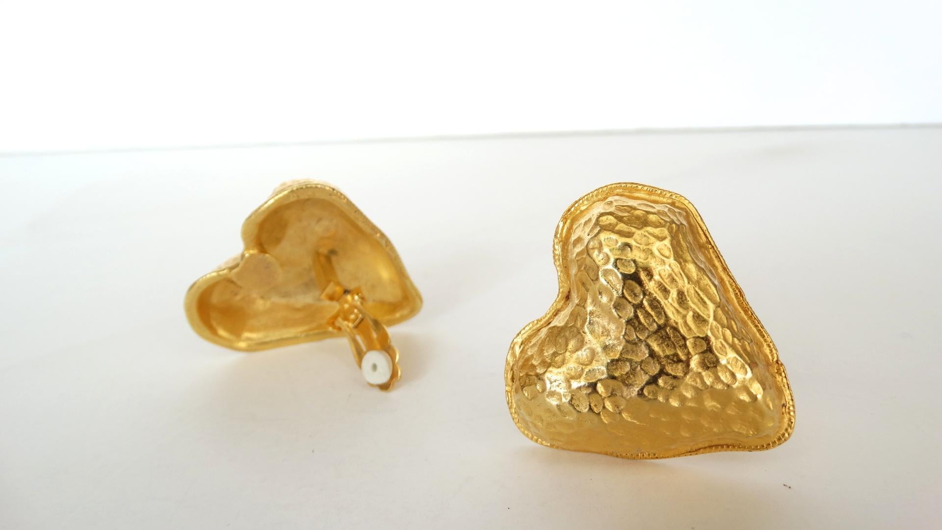 1980s Yosca Textured Gold Heart Clip On Earrings  1