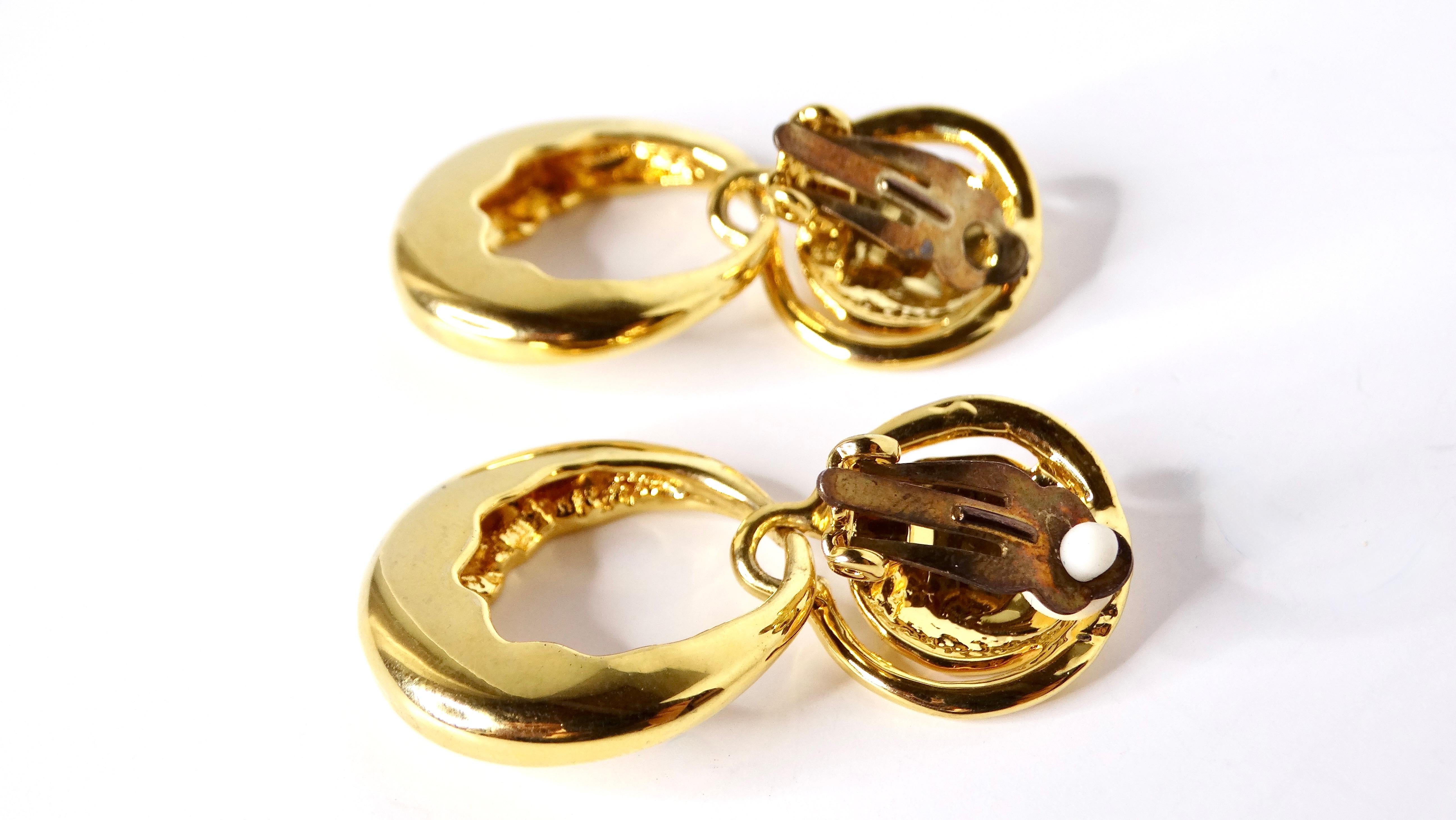 1980s YSL Inspired Door Knocker Style 18k Yellow Gold Plated Earrings In Good Condition For Sale In Scottsdale, AZ