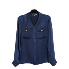 1980s YSL Rive Gauche Navy Silk Satin Top Blouse FR38