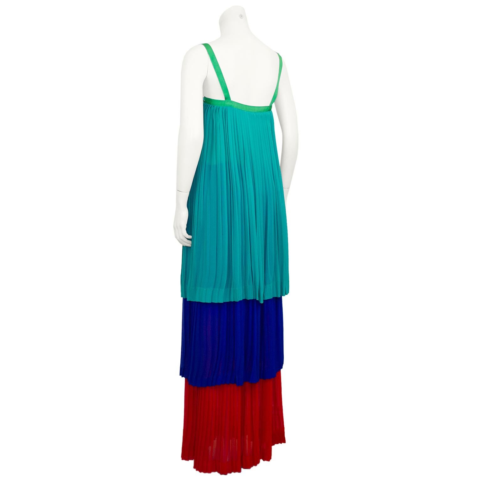 Blue 1978 Yves Saint Laurent Rive Gauche Pleated Tricolor Tiered Chiffon Gown For Sale