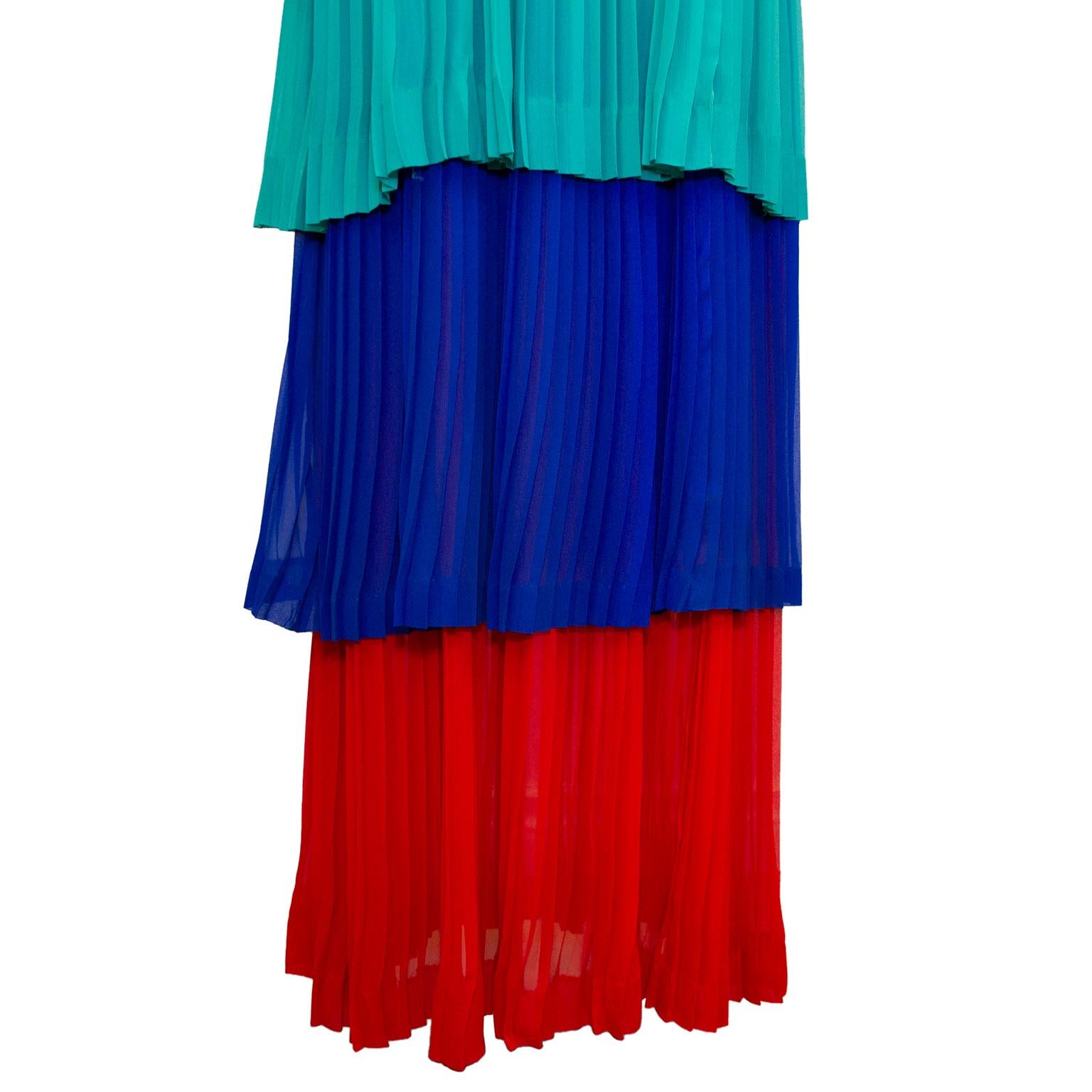 1978 Yves Saint Laurent Rive Gauche Pleated Tricolor Tiered Chiffon Gown In Good Condition For Sale In Toronto, Ontario