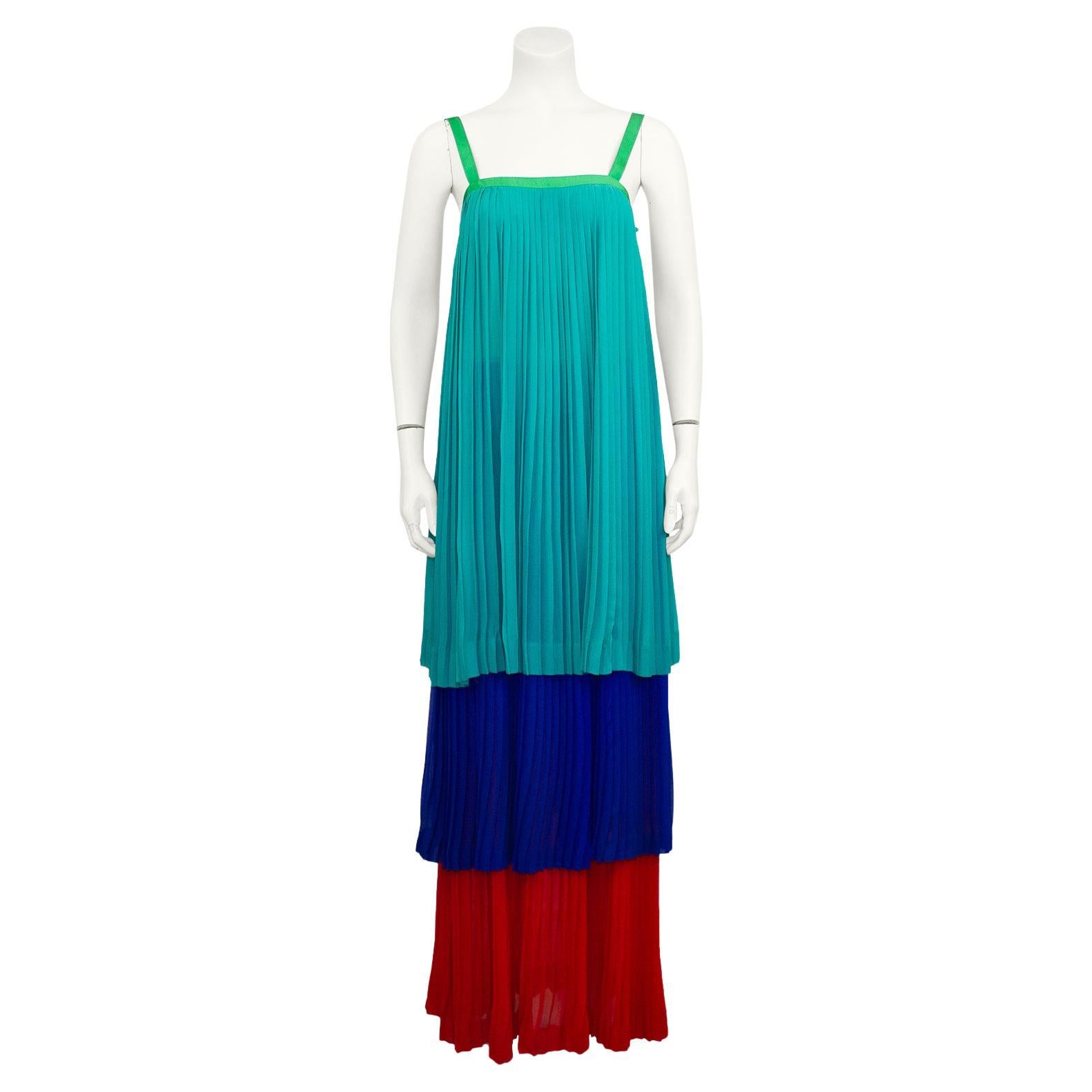1978 Yves Saint Laurent Rive Gauche Pleated Tricolor Tiered Chiffon Gown For Sale