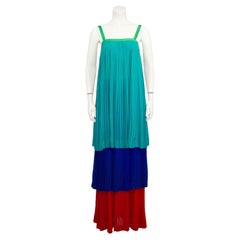 1980s YSL Rive Gauche Pleated Tricolor Tiered Chiffon Gown