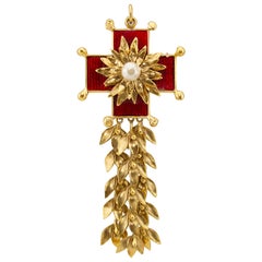 1980s YSL Rive Gauche Red and Gold Maltese Cross Pin/Pendant